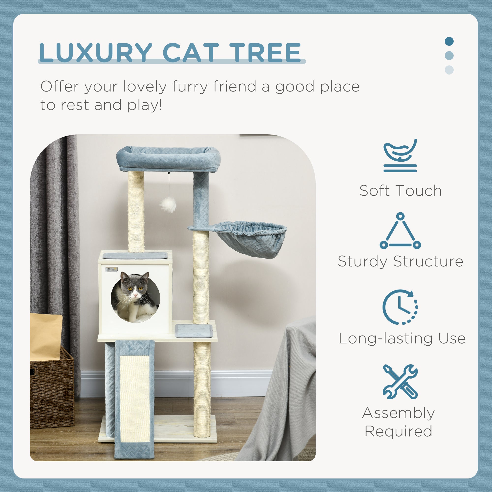 PawHut Cat Tree for Indoor Cats Cat Tower with Scratching Post Hammock Hanging Toy - Blue