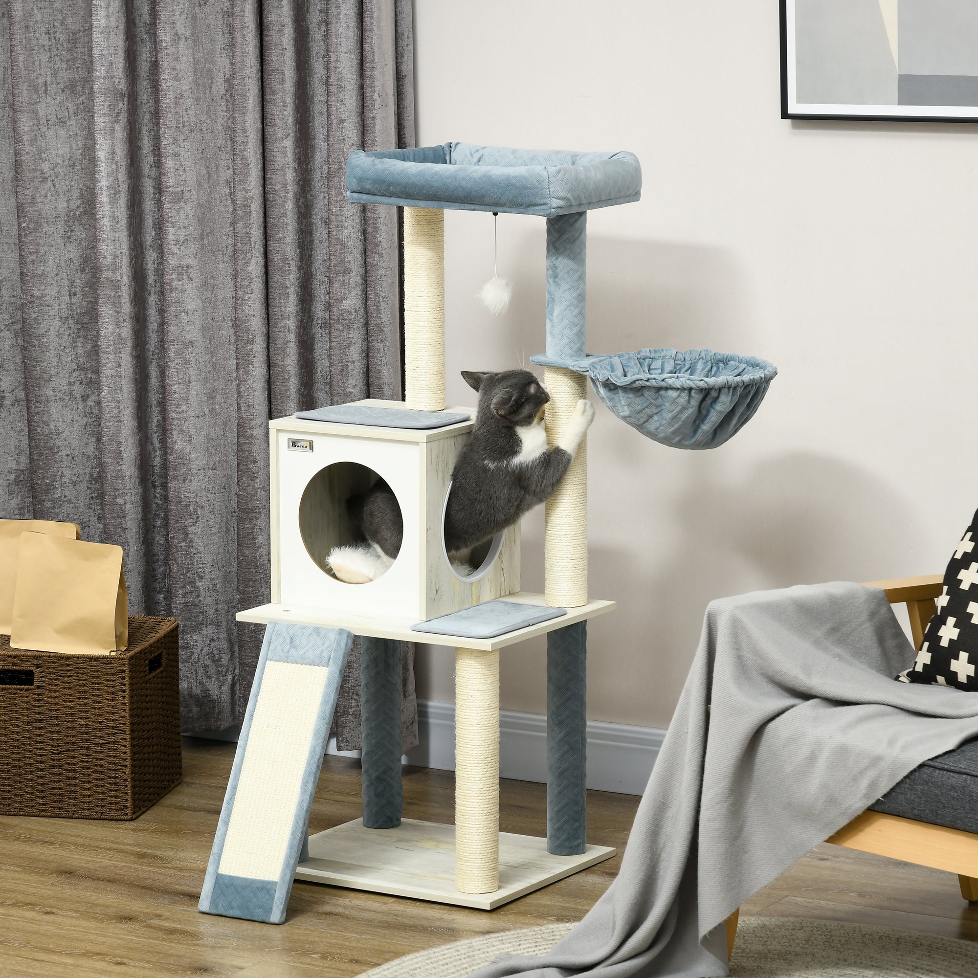 PawHut Cat Tree for Indoor Cats Cat Tower with Scratching Post Hammock Hanging Toy - Blue