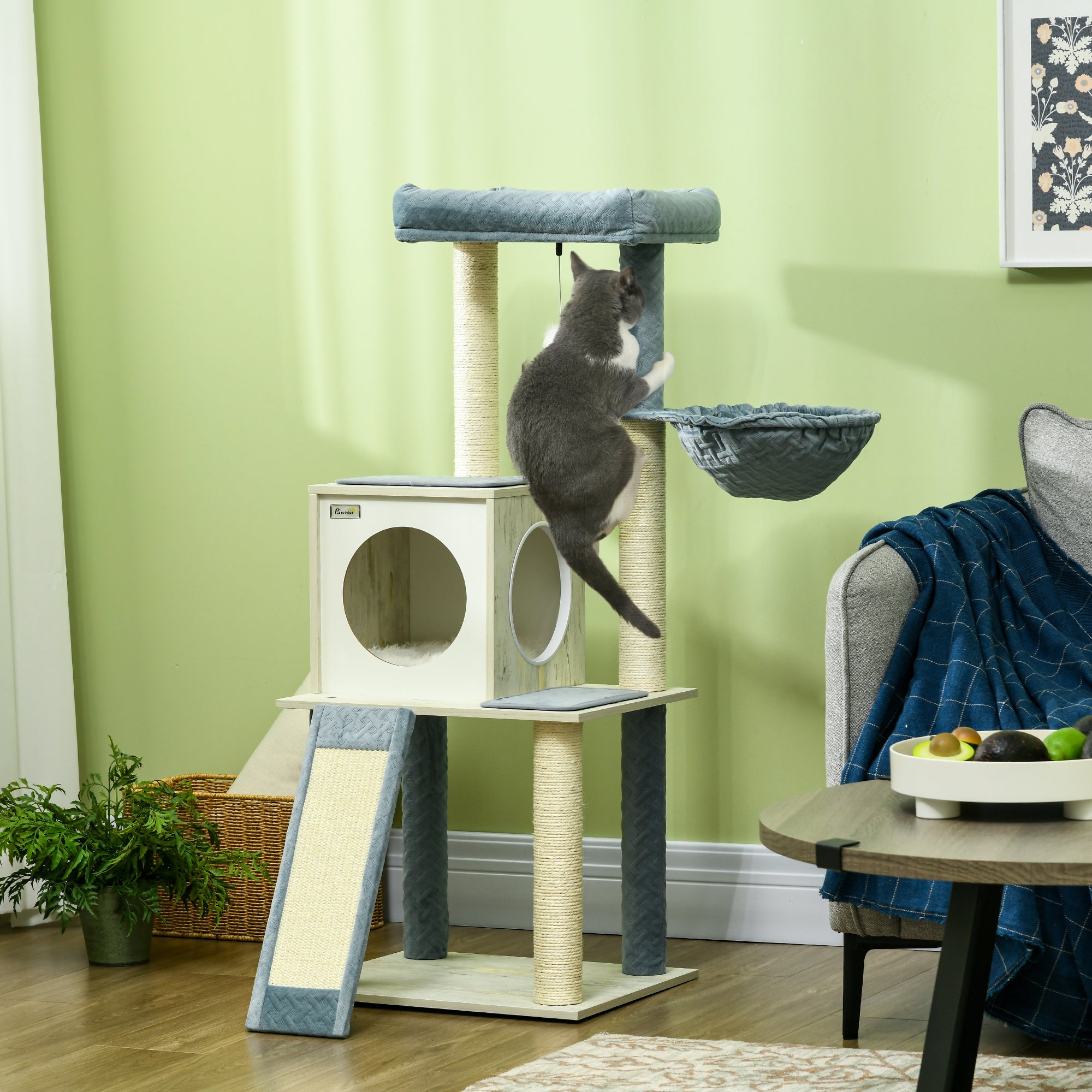 PawHut Cat Tree for Indoor Cats Cat Tower with Scratching Post Hammock Hanging Toy - Blue