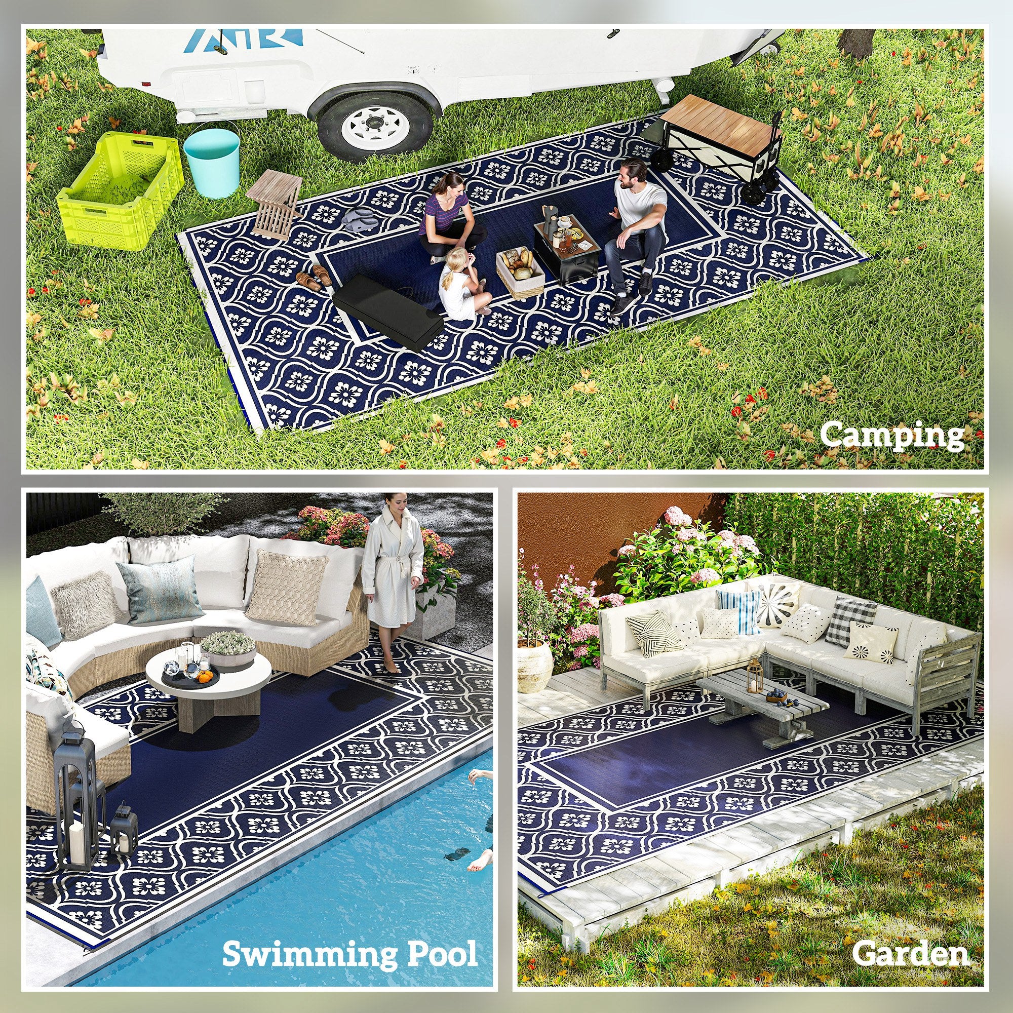 Outsunny Reversible Outdoor RV Rug with Carry Bag, 9' x 18' Patio Floor Mat, Plastic Straw Rug for Backyard, Deck, Picnic, Beach, Camping, Gourd Border, Blue and White