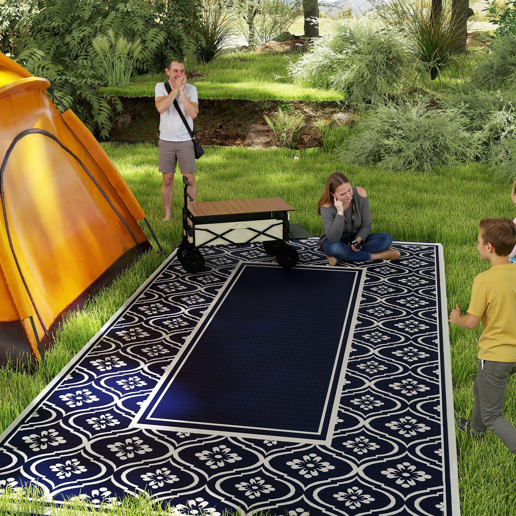 Outsunny Reversible Outdoor RV Rug with Carry Bag, 9' x 18' Patio Floor Mat, Plastic Straw Rug for Backyard, Deck, Picnic, Beach, Camping, Gourd Border, Blue and White