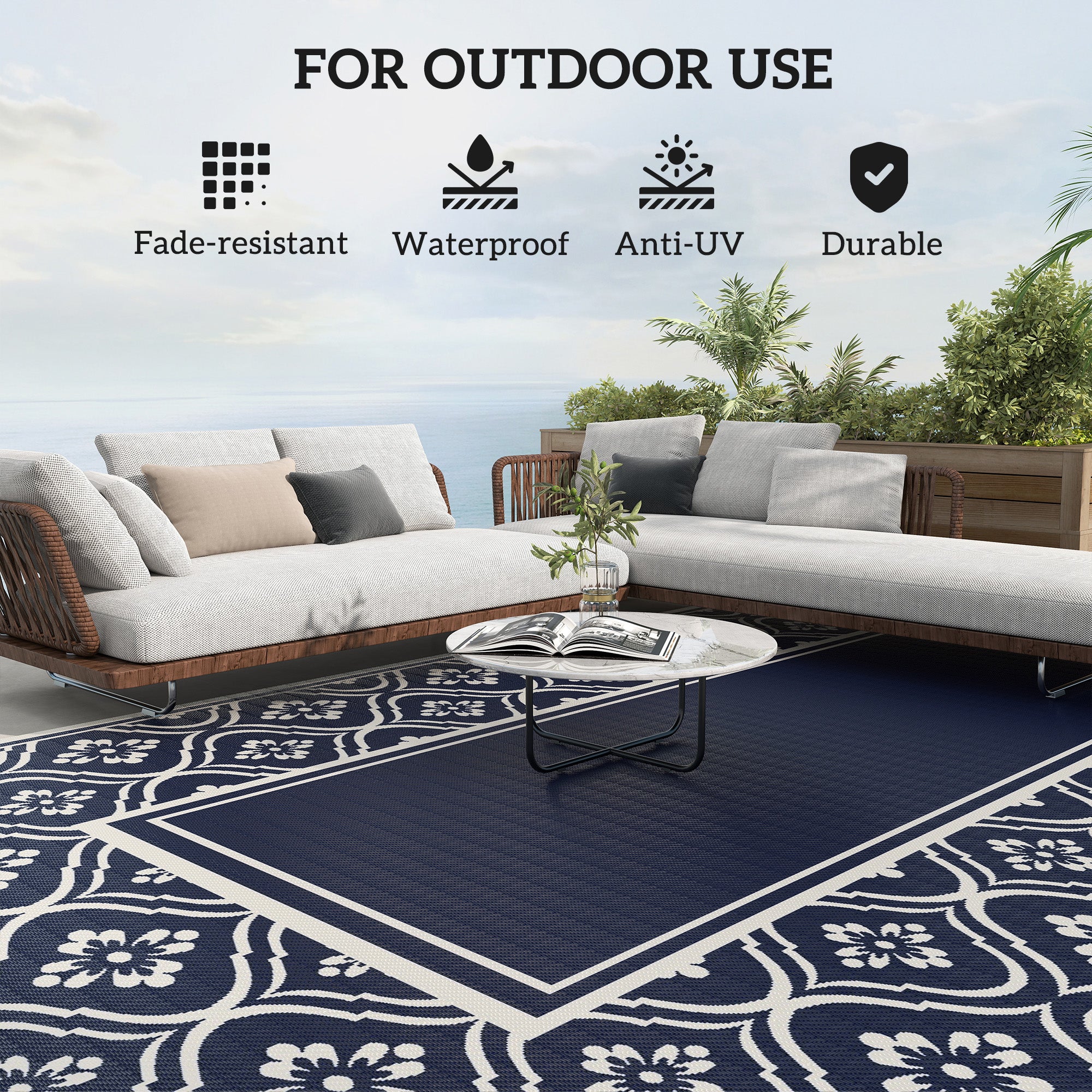 Outsunny Reversible Outdoor RV Rug with Carry Bag, 9' x 18' Patio Floor Mat, Plastic Straw Rug for Backyard, Deck, Picnic, Beach, Camping, Gourd Border, Blue and White
