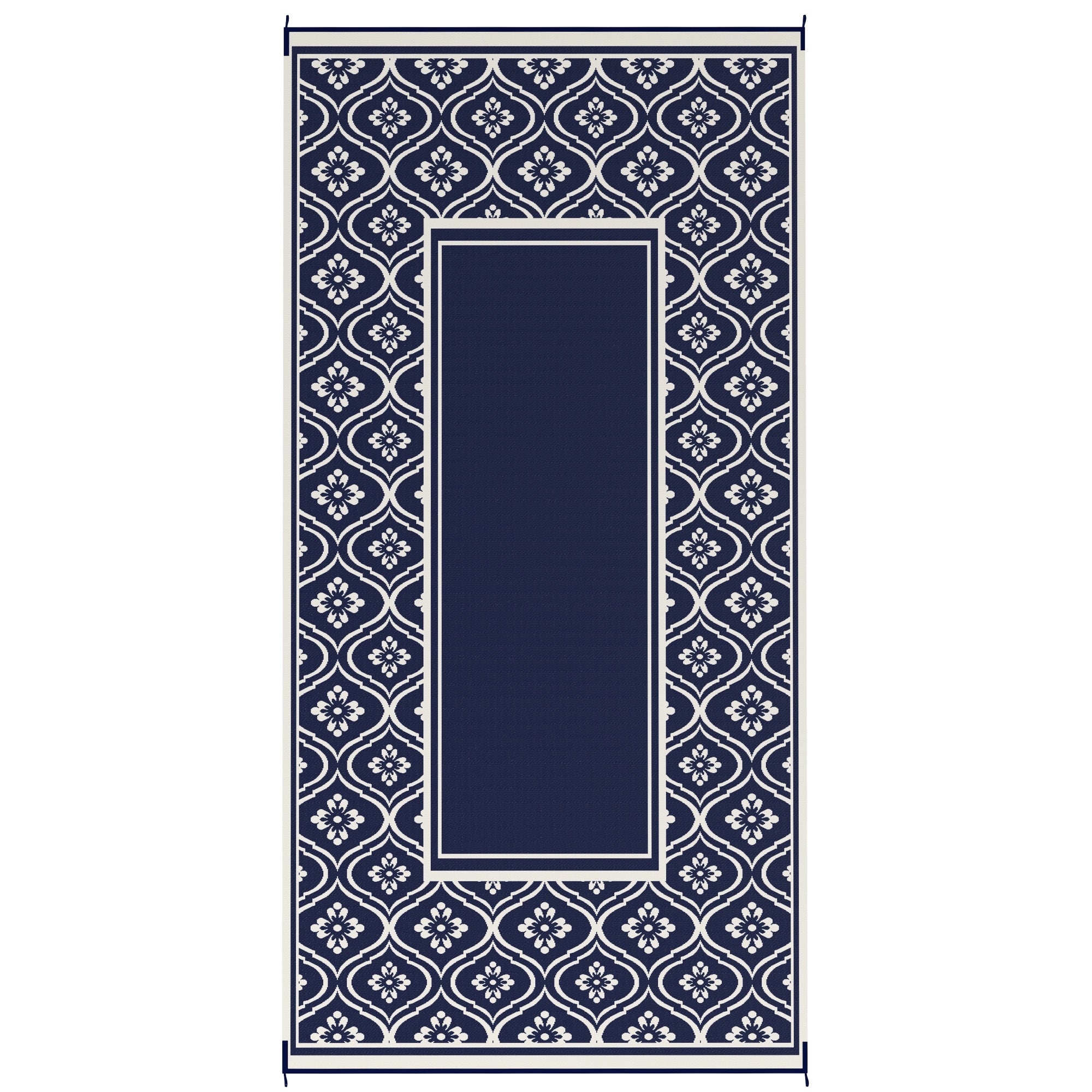 Outsunny Reversible Outdoor RV Rug with Carry Bag, 9' x 18' Patio Floor Mat, Plastic Straw Rug for Backyard, Deck, Picnic, Beach, Camping, Gourd Border, Blue and White