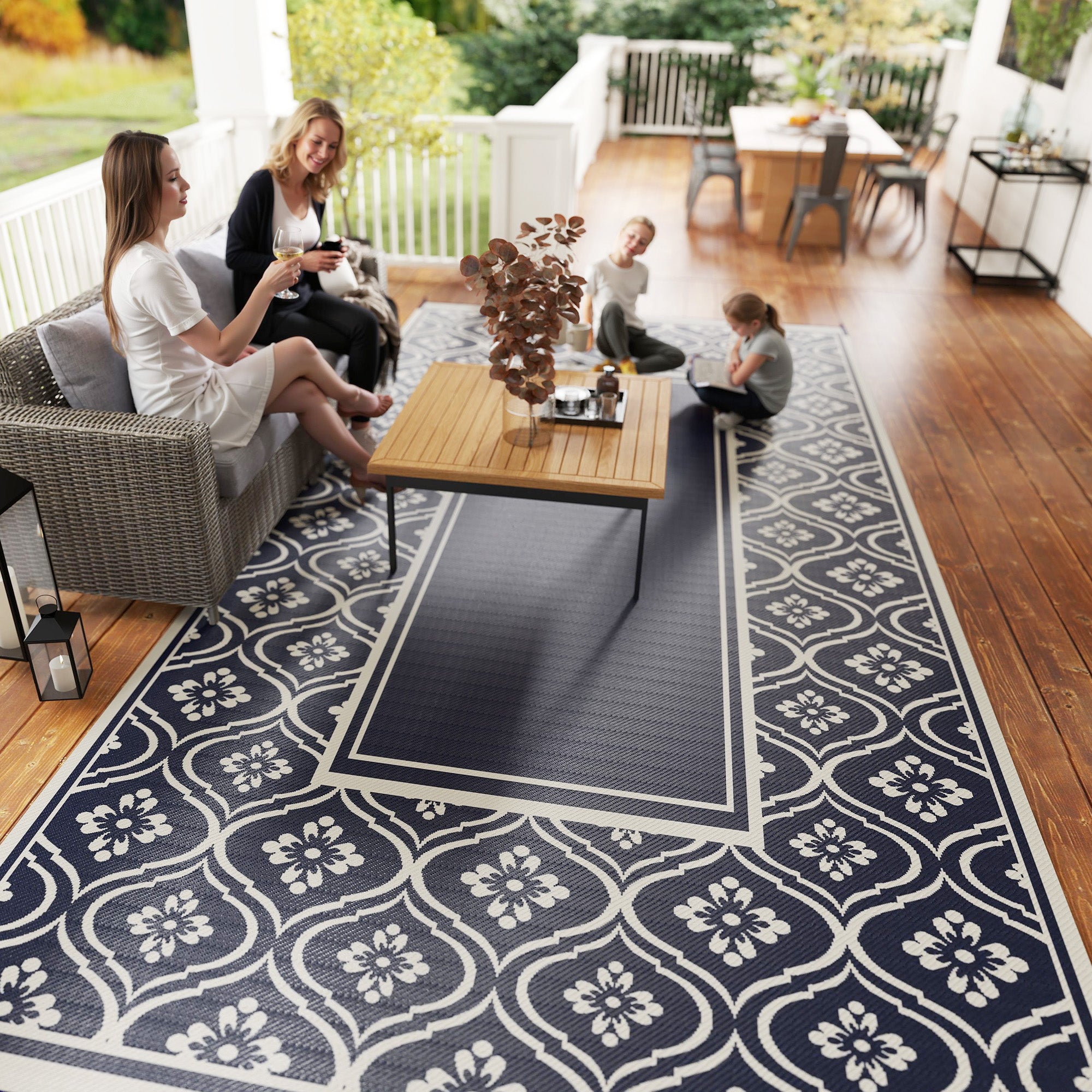 Outsunny Reversible Outdoor RV Rug with Carry Bag, 9' x 18' Patio Floor Mat, Plastic Straw Rug for Backyard, Deck, Picnic, Beach, Camping, Gourd Border, Blue and White