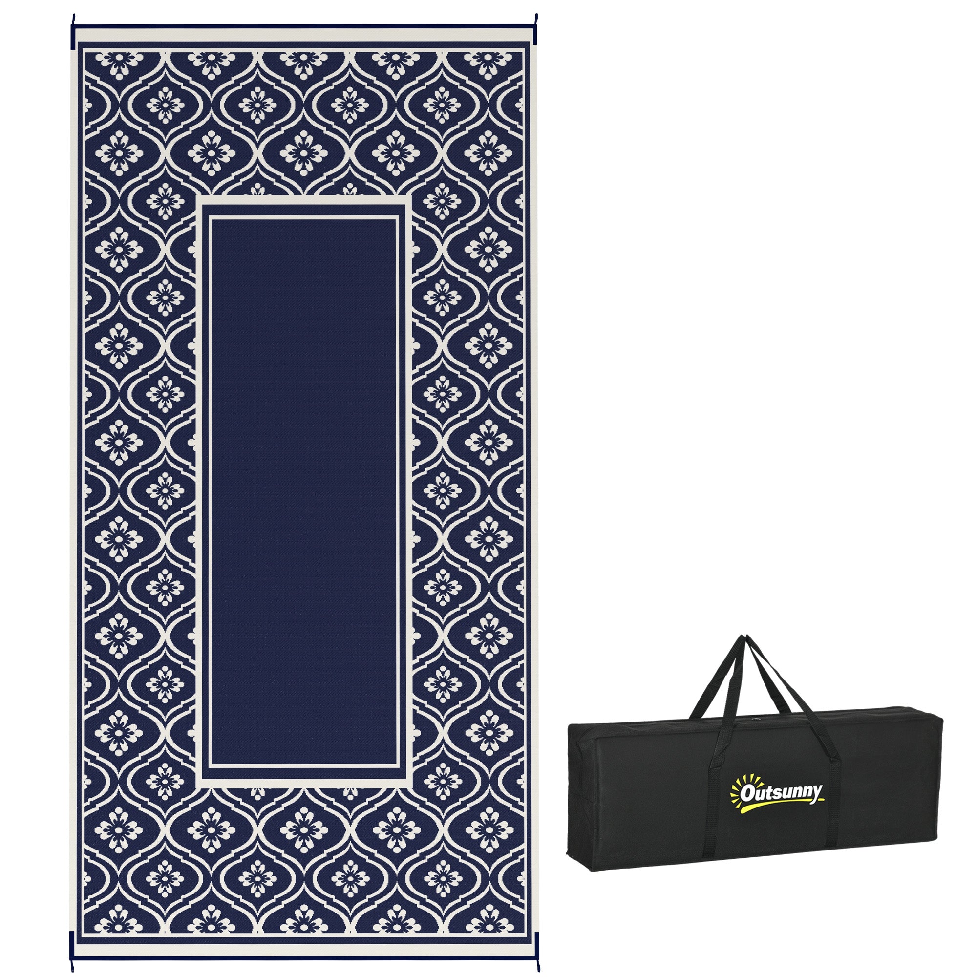Outsunny Reversible Outdoor RV Rug with Carry Bag, 9' x 18' Patio Floor Mat, Plastic Straw Rug for Backyard, Deck, Picnic, Beach, Camping, Gourd Border, Blue and White