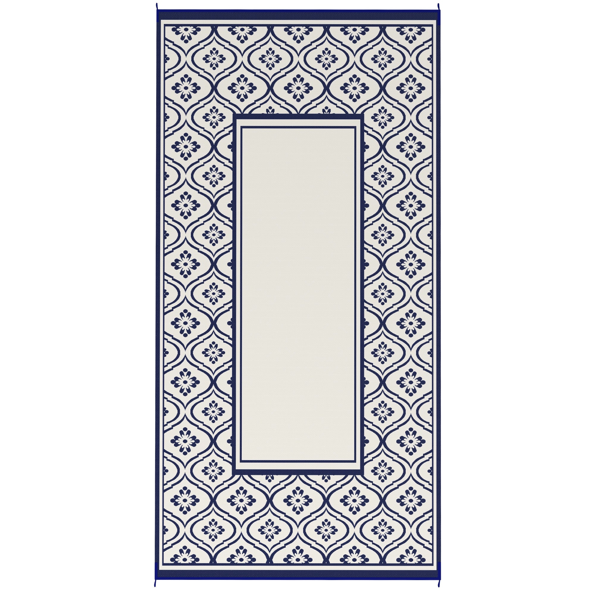 Outsunny Reversible Outdoor RV Rug with Carry Bag, 9' x 18' Patio Floor Mat, Plastic Straw Rug for Backyard, Deck, Picnic, Beach, Camping, Gourd Border, Blue and White