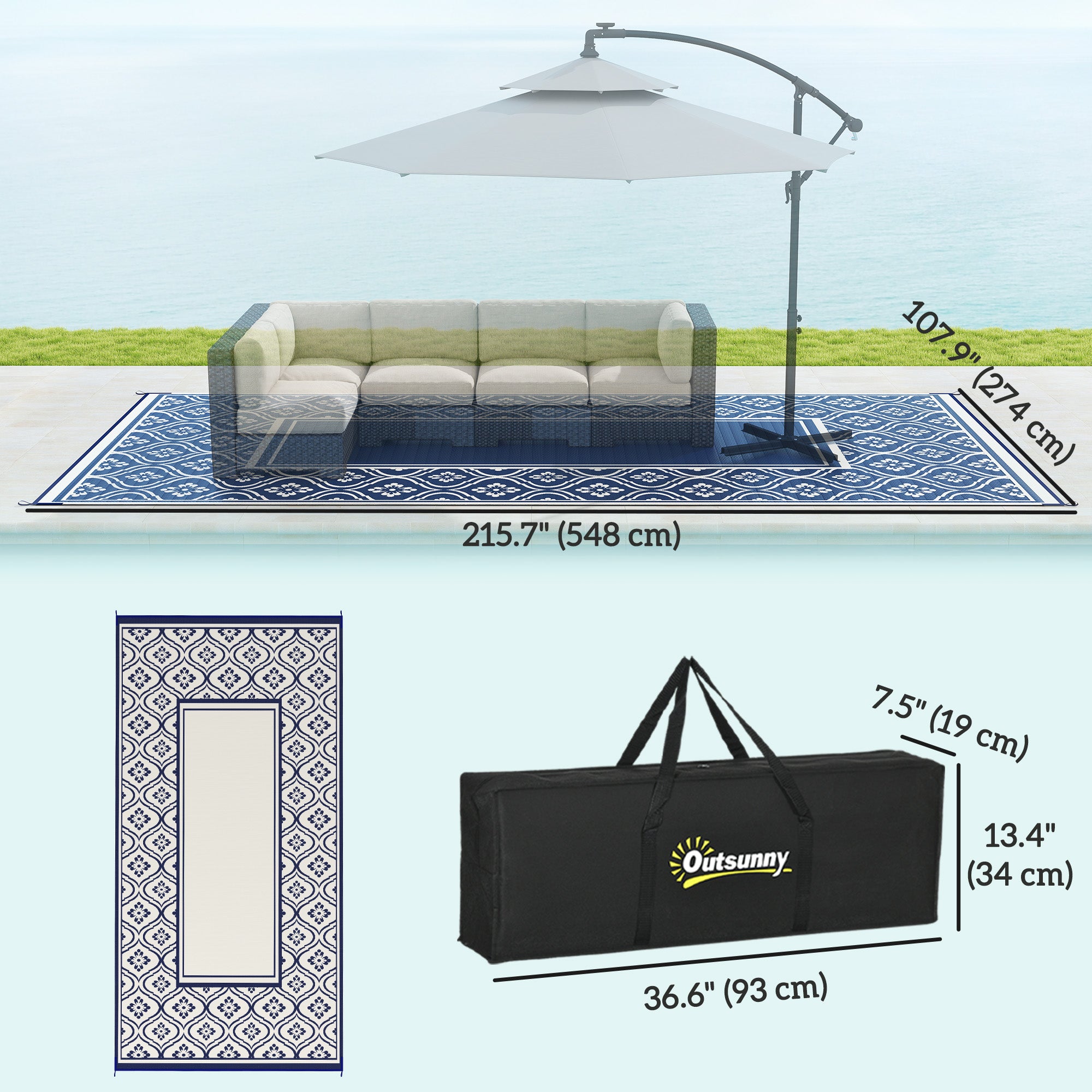 Outsunny Reversible Outdoor RV Rug with Carry Bag, 9' x 18' Patio Floor Mat, Plastic Straw Rug for Backyard, Deck, Picnic, Beach, Camping, Gourd Border, Blue and White