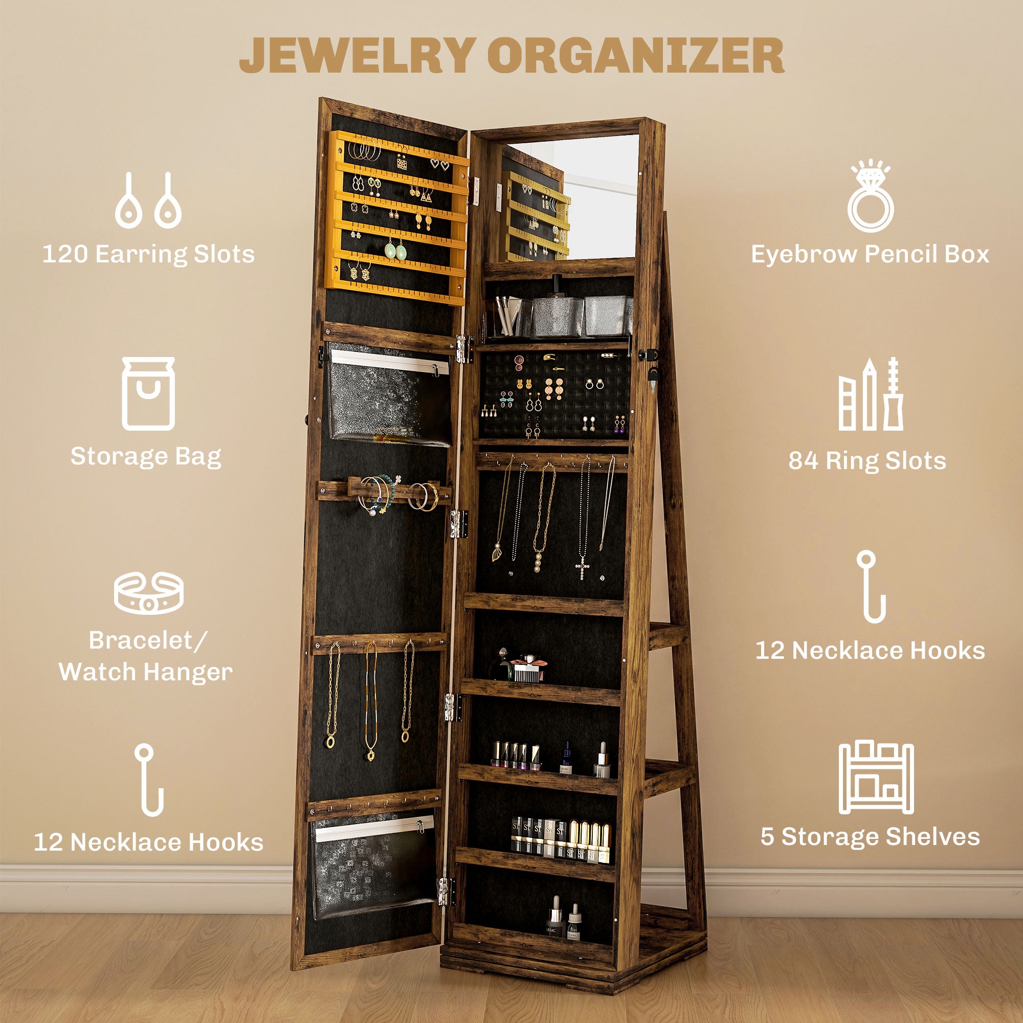 HOMCOM 360° Swivel Jewelry Cabinet, Mirror Armoire, Full Length Mirror, Lockable Jewelry Organizer with Built-In Small Mirror, Rustic Brown