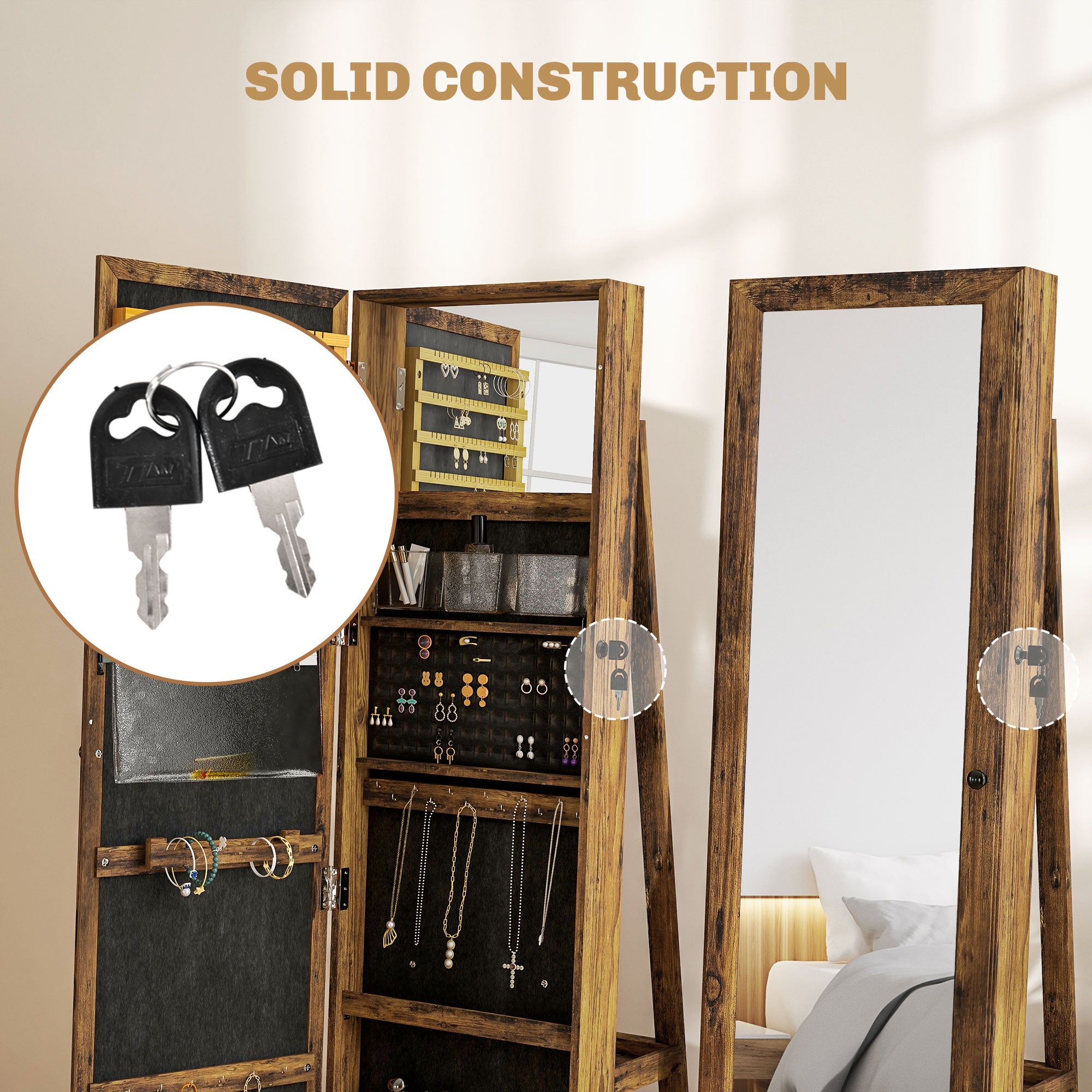 HOMCOM 360° Swivel Jewelry Cabinet, Mirror Armoire, Full Length Mirror, Lockable Jewelry Organizer with Built-In Small Mirror, Rustic Brown