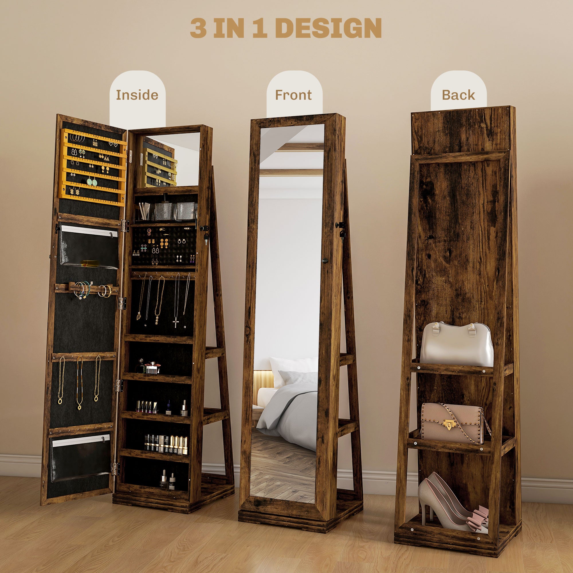 HOMCOM 360° Swivel Jewelry Cabinet, Mirror Armoire, Full Length Mirror, Lockable Jewelry Organizer with Built-In Small Mirror, Rustic Brown