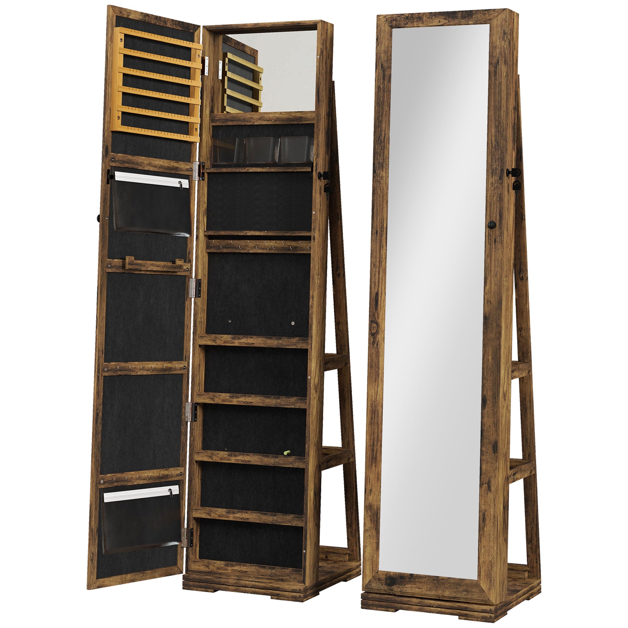 HOMCOM 360° Swivel Jewelry Cabinet, Mirror Armoire, Full Length Mirror, Lockable Jewelry Organizer with Built-In Small Mirror, Rustic Brown