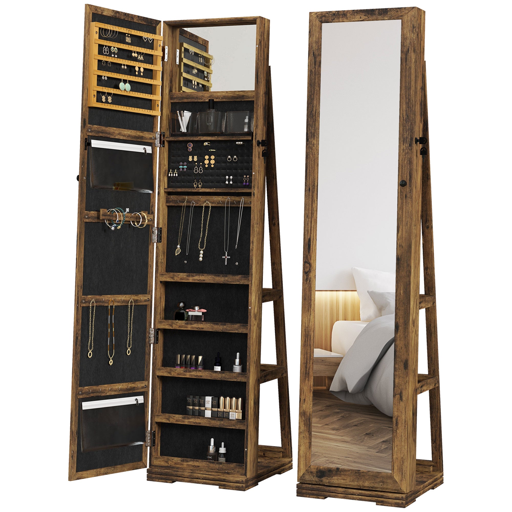 HOMCOM 360° Swivel Jewelry Cabinet, Mirror Armoire, Full Length Mirror, Lockable Jewelry Organizer with Built-In Small Mirror, Rustic Brown