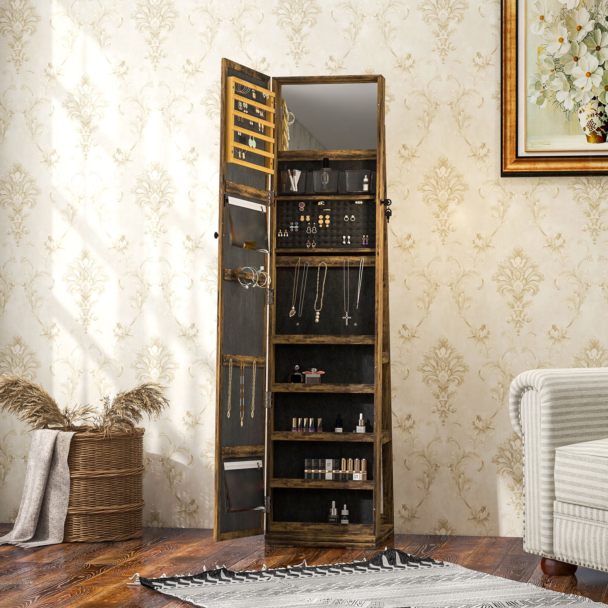 HOMCOM 360° Swivel Jewelry Cabinet, Mirror Armoire, Full Length Mirror, Lockable Jewelry Organizer with Built-In Small Mirror, Rustic Brown