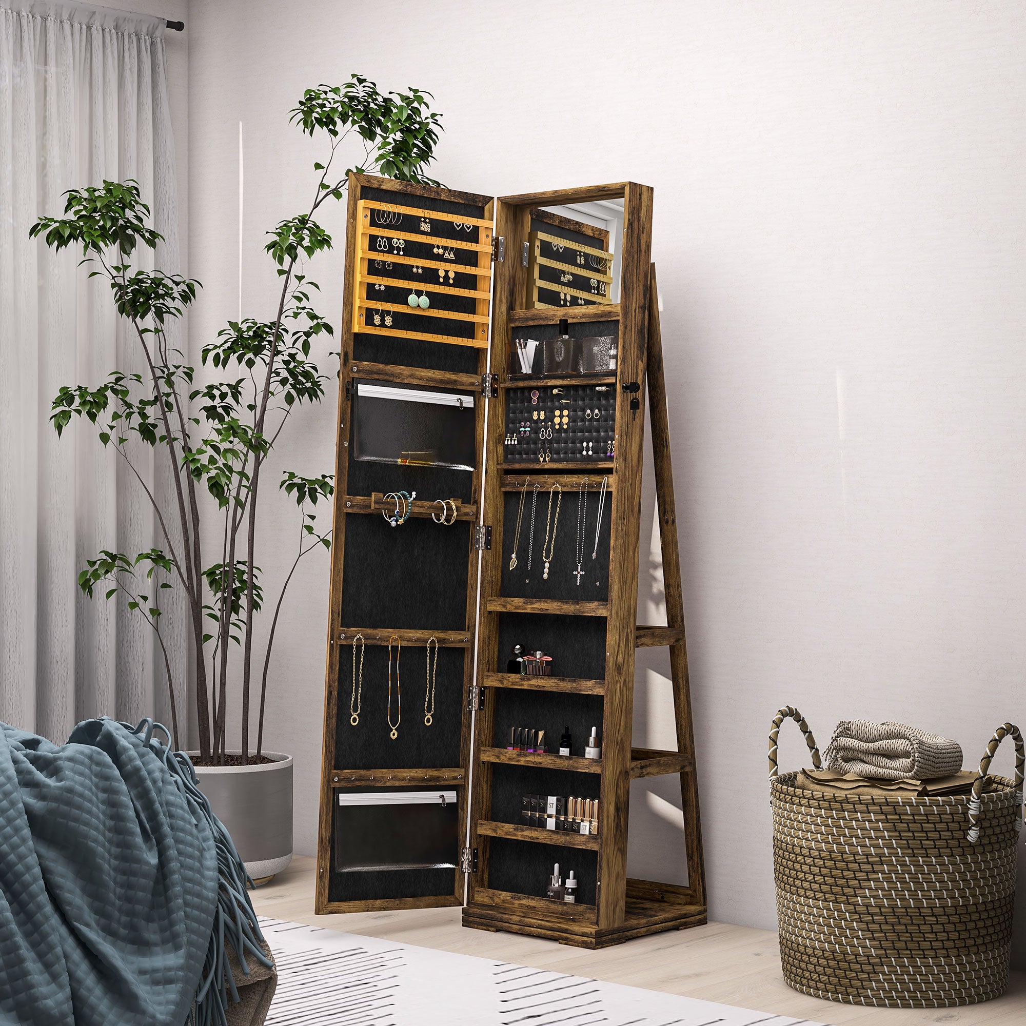 HOMCOM 360° Swivel Jewelry Cabinet, Mirror Armoire, Full Length Mirror, Lockable Jewelry Organizer with Built-In Small Mirror, Rustic Brown