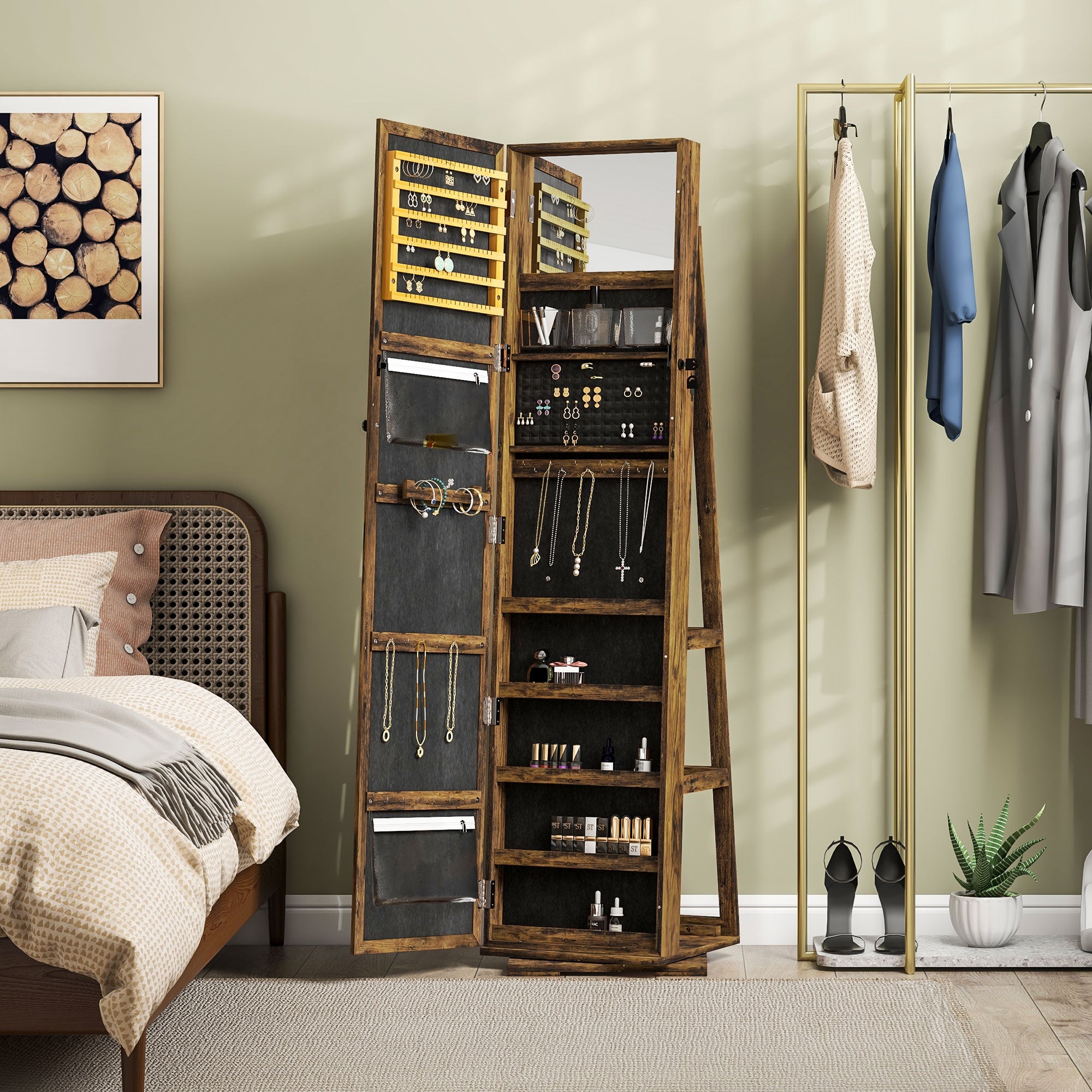 HOMCOM 360° Swivel Jewelry Cabinet, Mirror Armoire, Full Length Mirror, Lockable Jewelry Organizer with Built-In Small Mirror, Rustic Brown