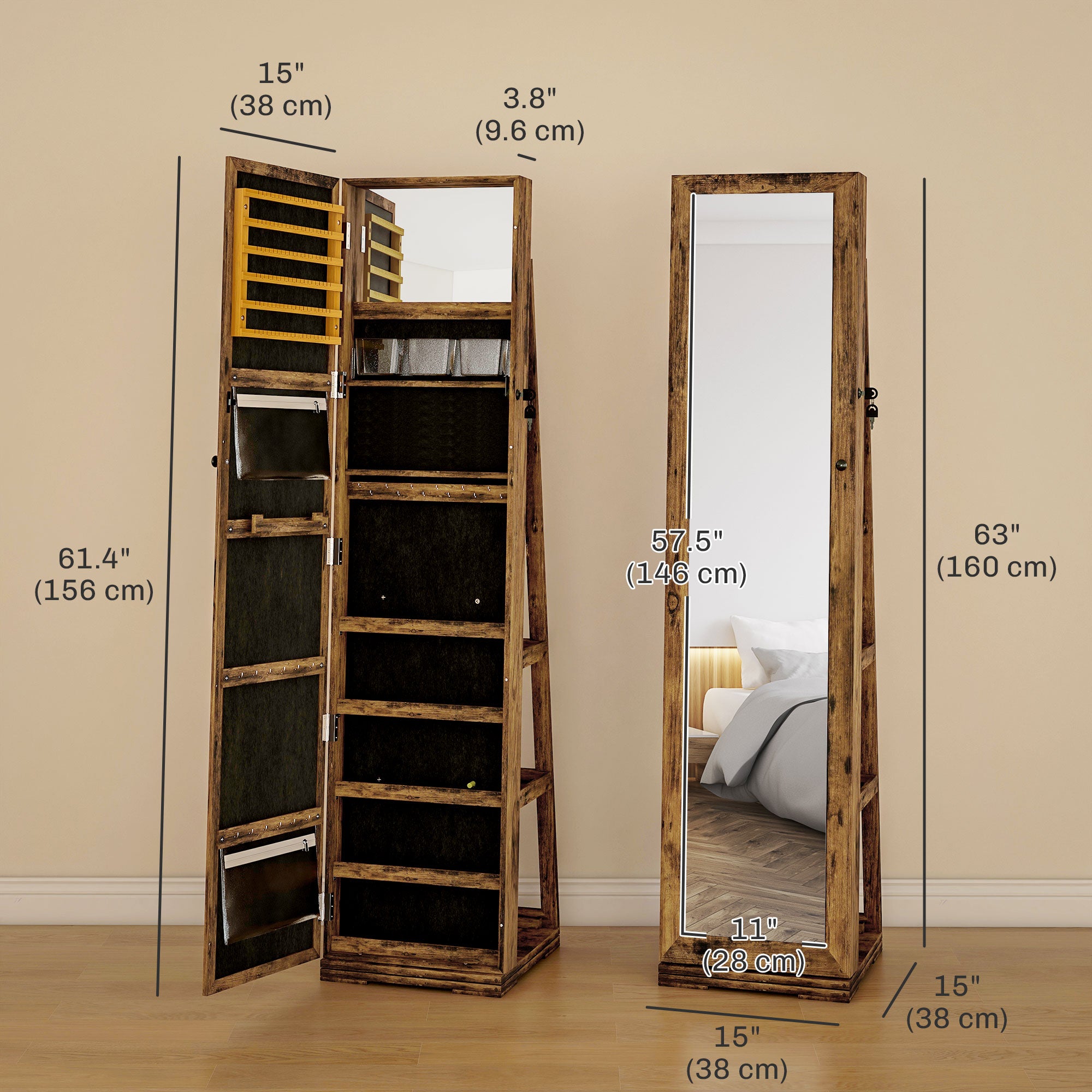 HOMCOM 360° Swivel Jewelry Cabinet, Mirror Armoire, Full Length Mirror, Lockable Jewelry Organizer with Built-In Small Mirror, Rustic Brown
