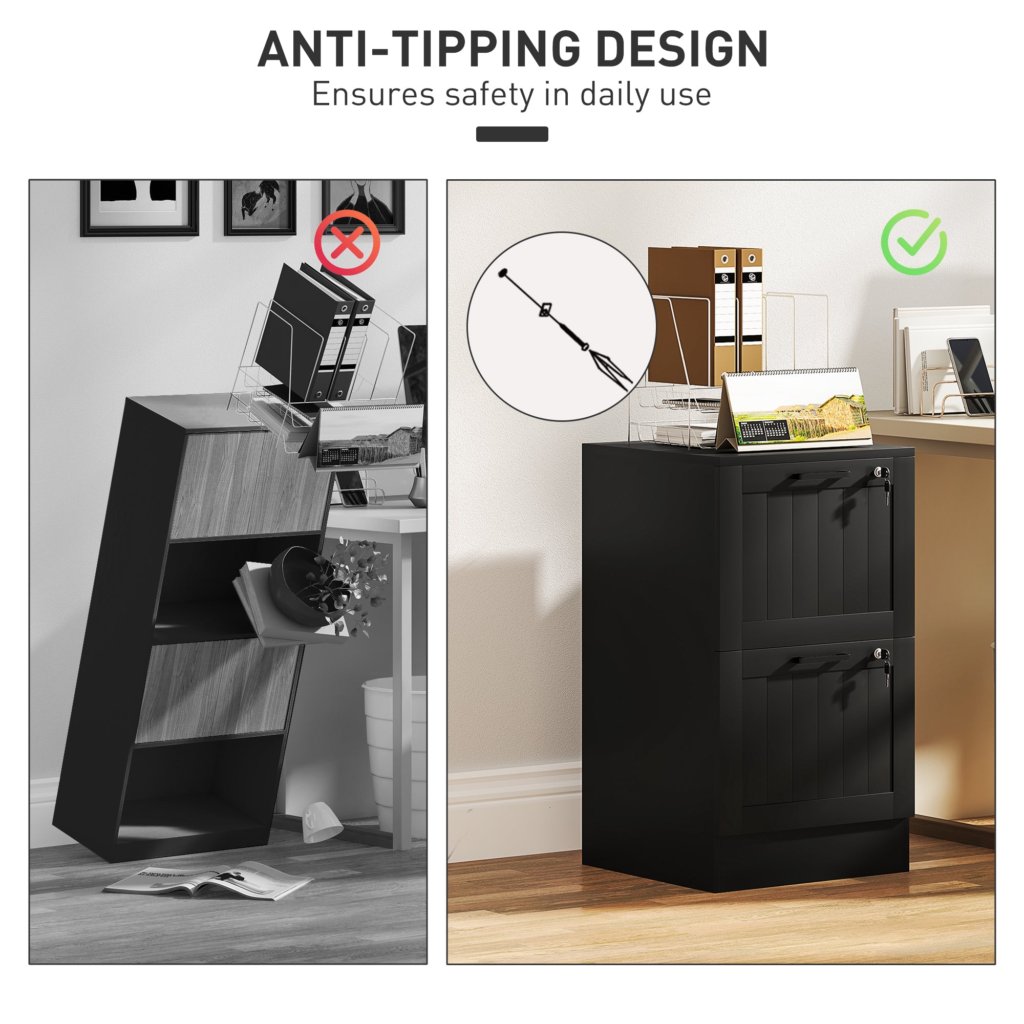 HOMCOM 2 Drawer File Cabinet with Lock, Vertical Filing Cabinet with Adjustable Hanging Bars for A4 and Letter Size File Folders, Printer Stand with Storage, Black