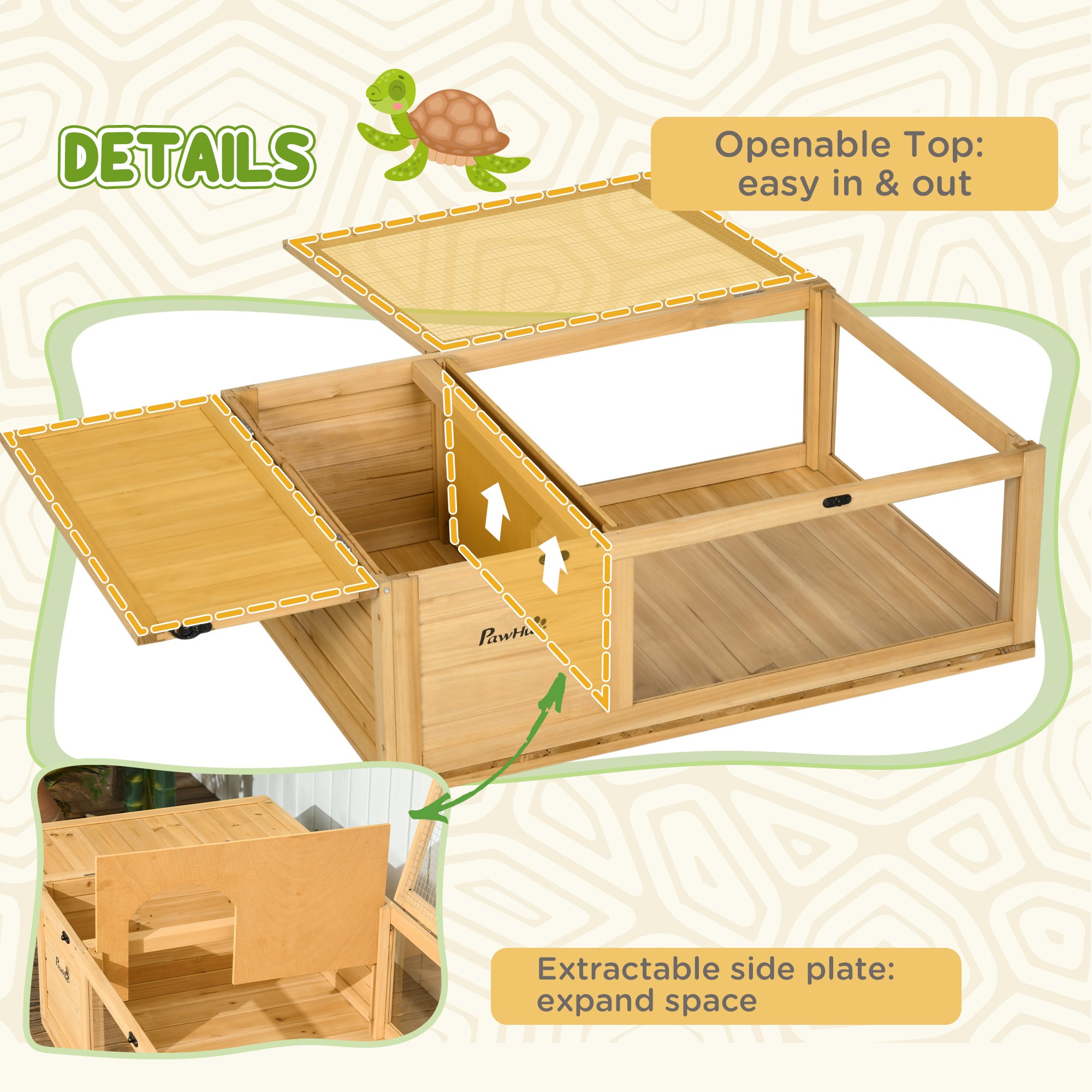 PawHut Wood Tortoise House Indoor Outdoor Turtle Habitat Reptile Cage for Lizards, Geckos, 35.8" x 23.8" x 12.6", Yellow