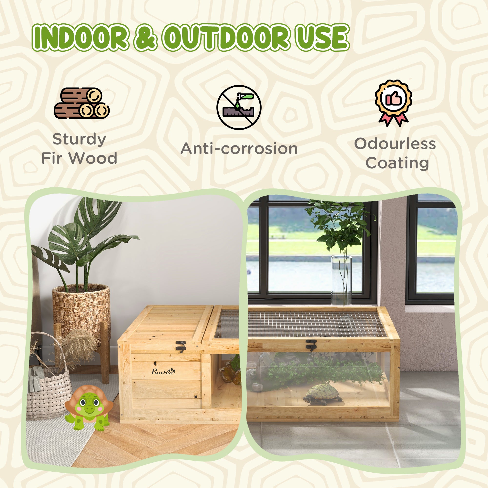 PawHut Wood Tortoise House Indoor Outdoor Turtle Habitat Reptile Cage for Lizards, Geckos, 35.8" x 23.8" x 12.6", Yellow
