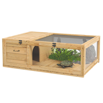 PawHut Wood Tortoise House Indoor Outdoor Turtle Habitat Reptile Cage for Lizards, Geckos, 35.8" x 23.8" x 12.6", Yellow