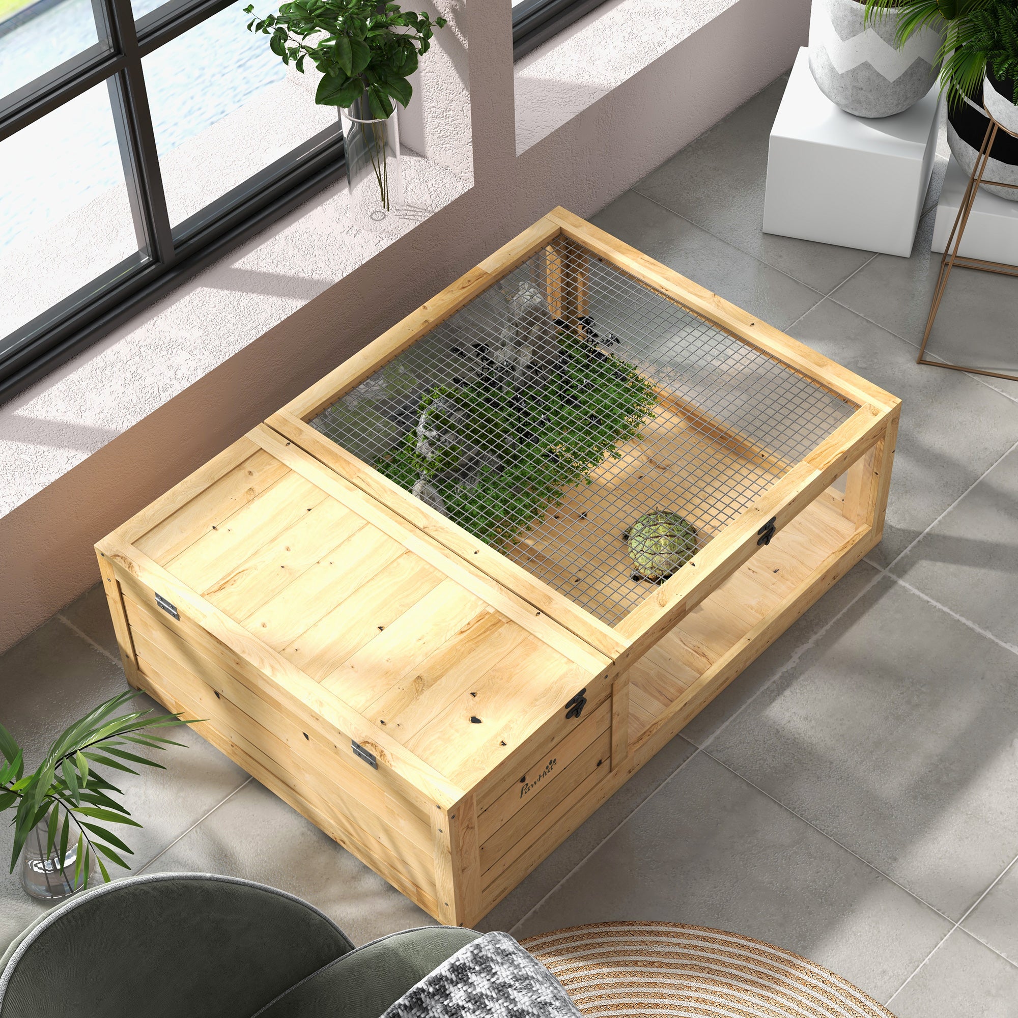 PawHut Wooden Tortoise House Indoor Turtle Habitat Enclosure Outdoor Reptile Cage for Lizards, Geckos, Yellow