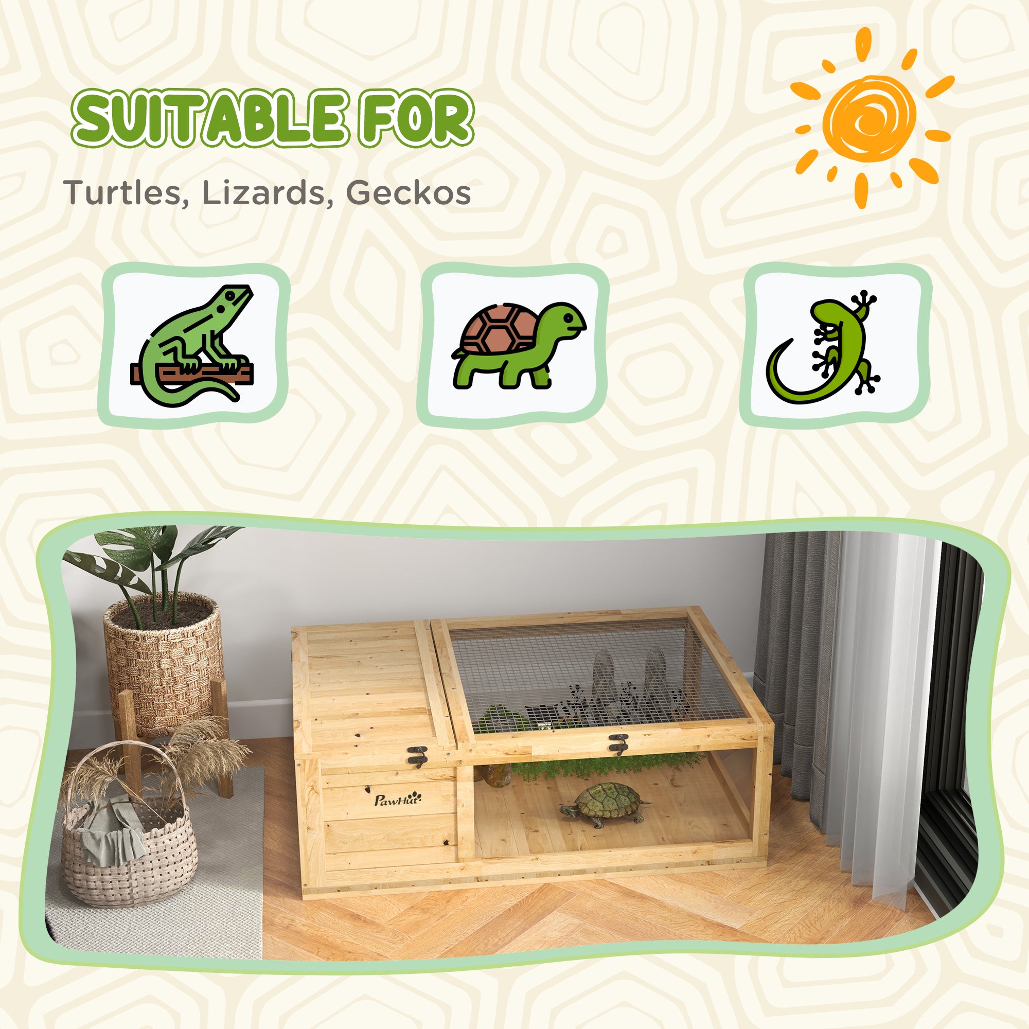 PawHut Wood Tortoise House Indoor Outdoor Turtle Habitat Reptile Cage for Lizards, Geckos, 35.8" x 23.8" x 12.6", Yellow