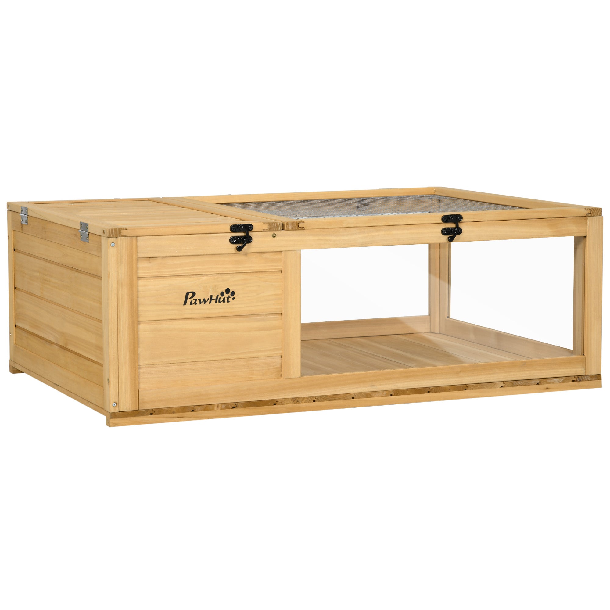 PawHut Wood Tortoise House Indoor Outdoor Turtle Habitat Reptile Cage for Lizards, Geckos, 35.8" x 23.8" x 12.6", Yellow