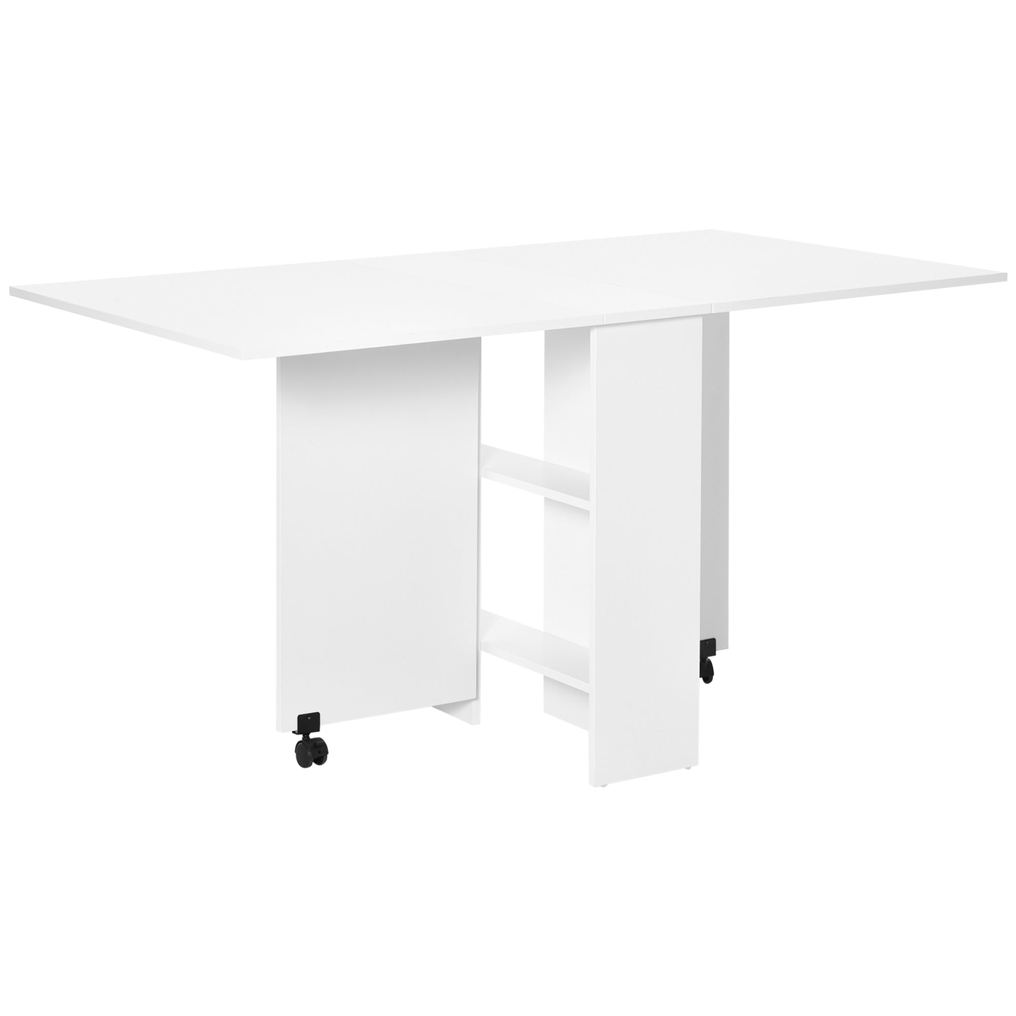 HOMCOM Folding Dining Table, Drop Leaf Table for Small Spaces with 2-tier Shelves, Small Kitchen Table with Rolling Casters, White