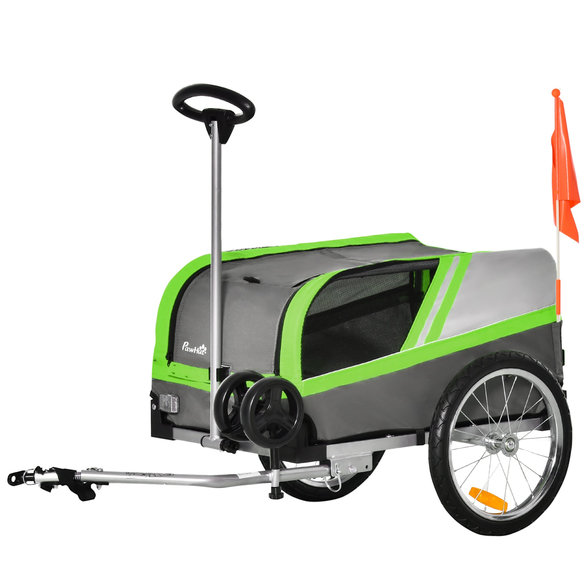 PawHut Dog Bike Trailer 2-in-1 Trolley Stroller Cart Bicycle Carrier for Cat Puppy Travel w/ Reflectors Hitch Coupler Red Flag – Green