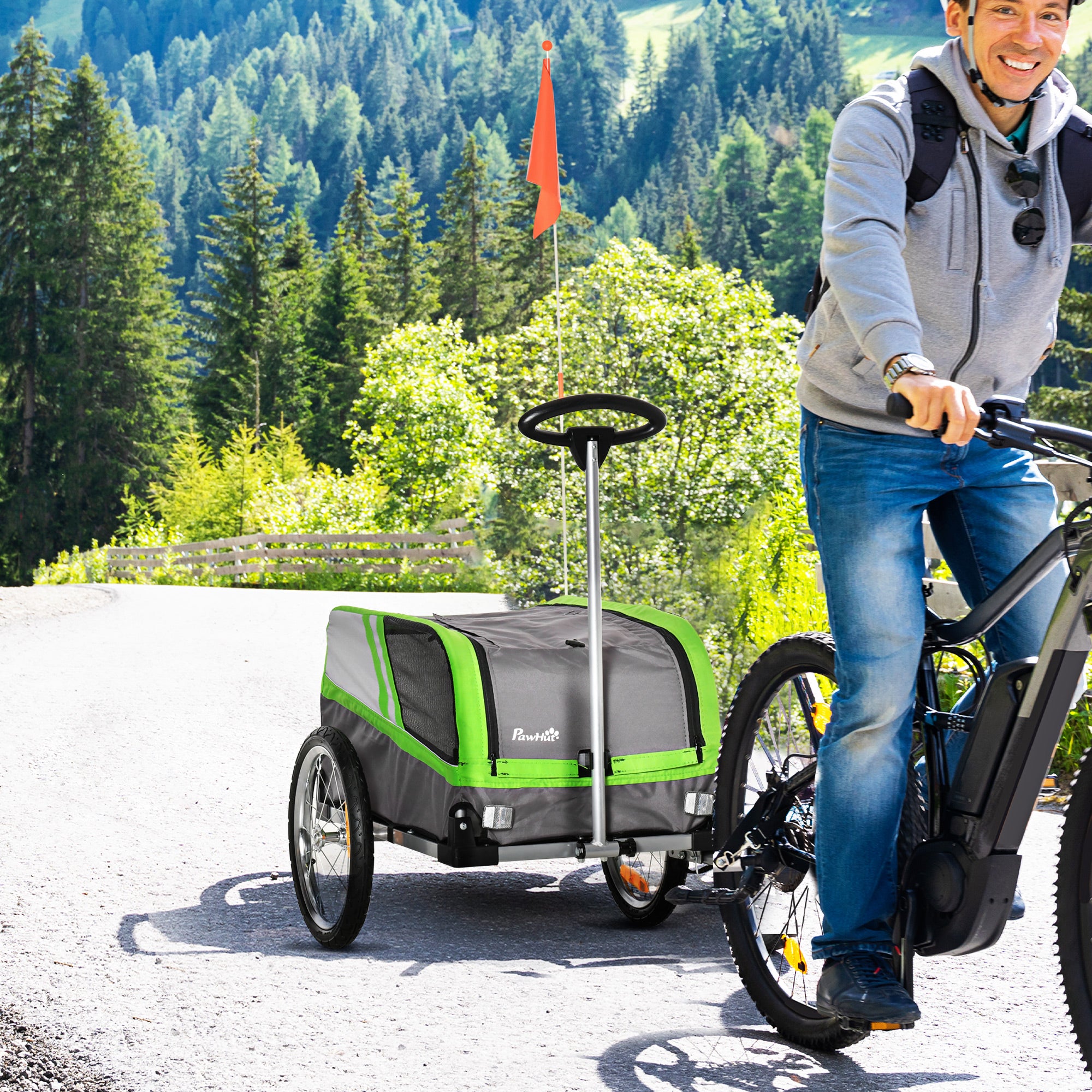 PawHut Dog Bike Trailer 2-in-1 Trolley Stroller Cart Bicycle Carrier for Cat Puppy Travel w/ Reflectors Hitch Coupler Red Flag – Green