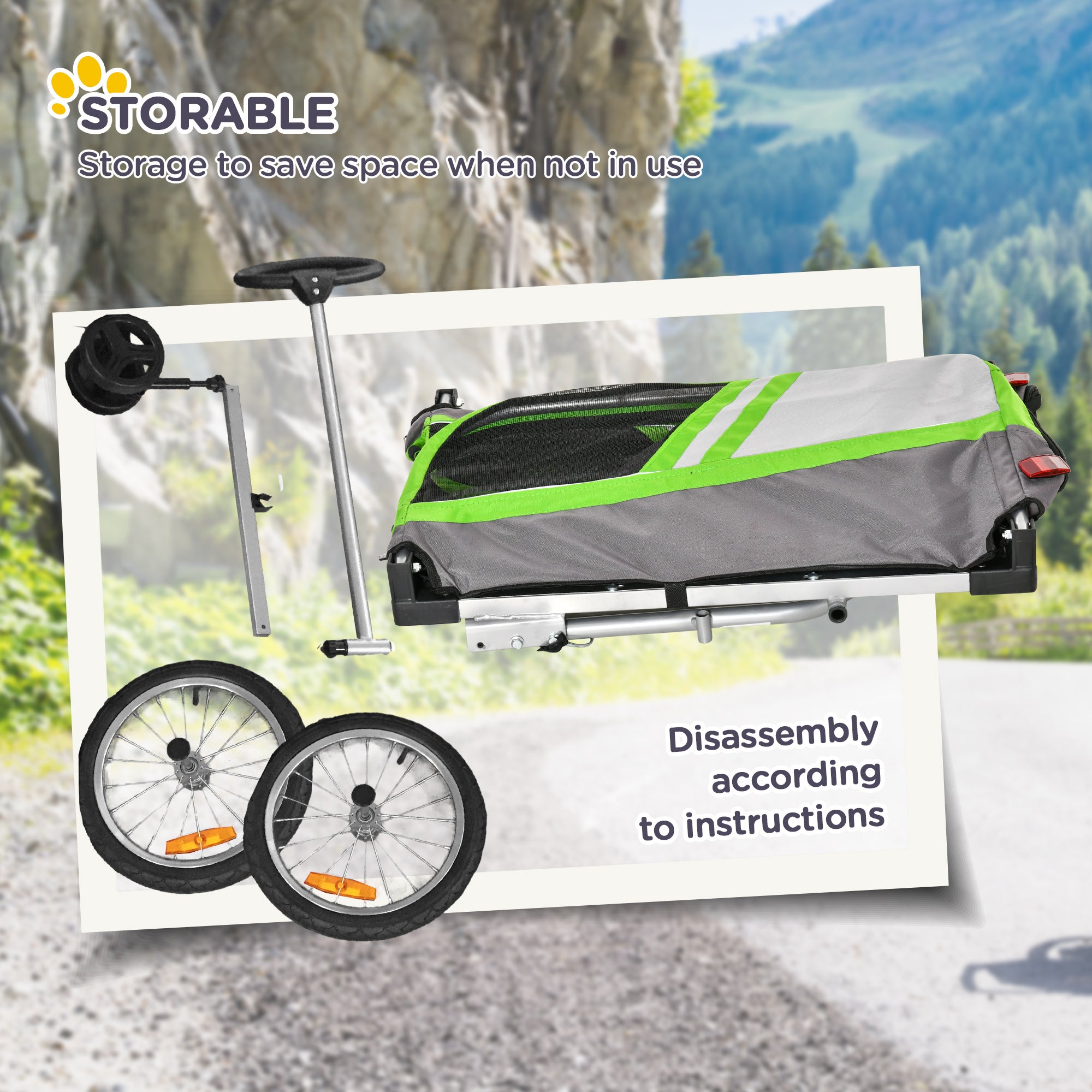 PawHut Dog Bike Trailer 2-in-1 Trolley Stroller Cart Bicycle Carrier for Cat Puppy Travel w/ Reflectors Hitch Coupler Red Flag – Green