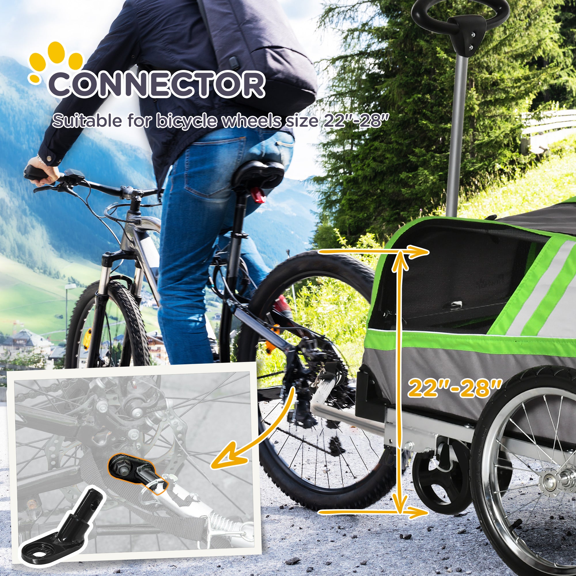PawHut Dog Bike Trailer 2-in-1 Trolley Stroller Cart Bicycle Carrier for Cat Puppy Travel w/ Reflectors Hitch Coupler Red Flag – Green