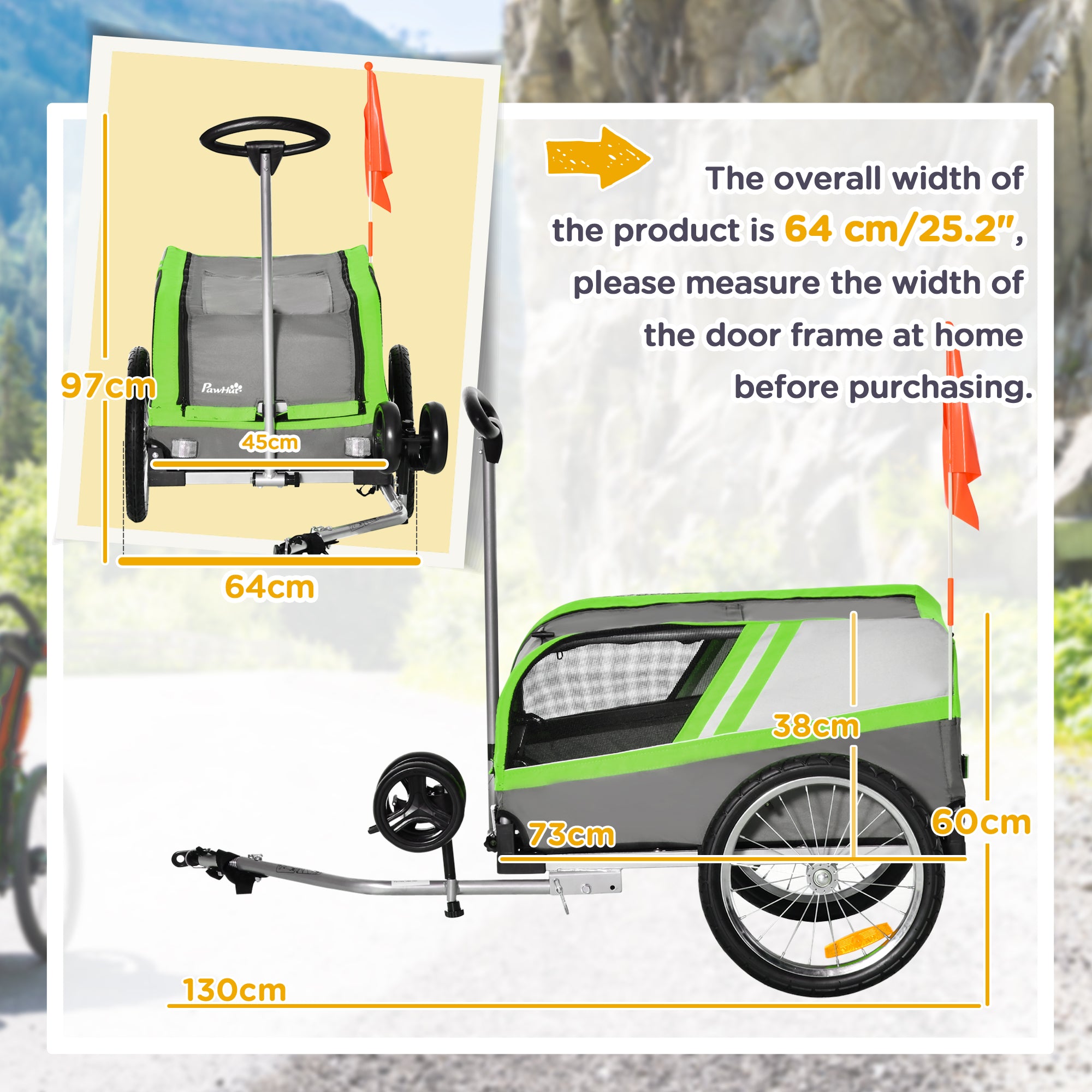 PawHut Dog Bike Trailer 2-in-1 Trolley Stroller Cart Bicycle Carrier for Cat Puppy Travel w/ Reflectors Hitch Coupler Red Flag – Green