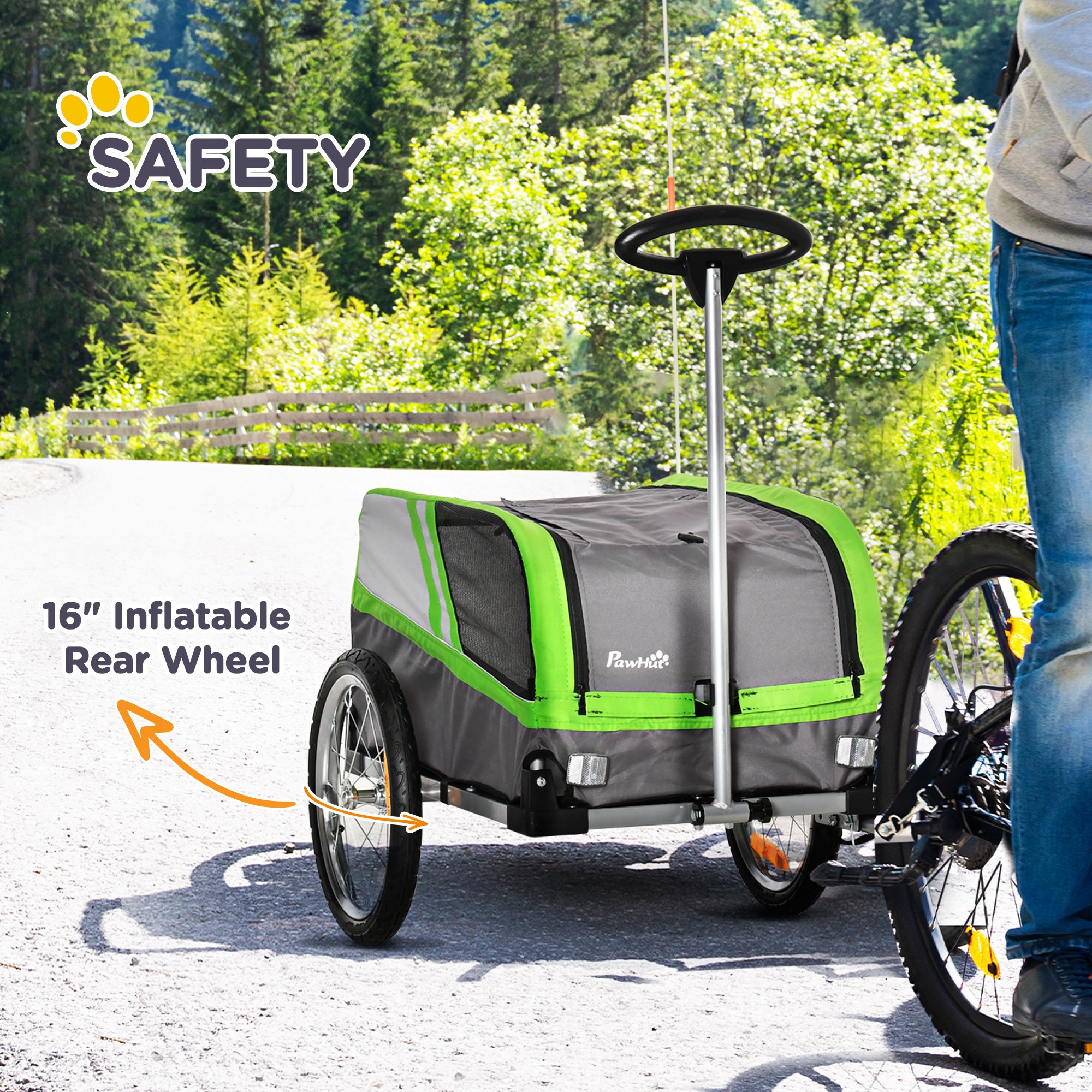 PawHut Dog Bike Trailer 2-in-1 Trolley Stroller Cart Bicycle Carrier for Cat Puppy Travel w/ Reflectors Hitch Coupler Red Flag – Green