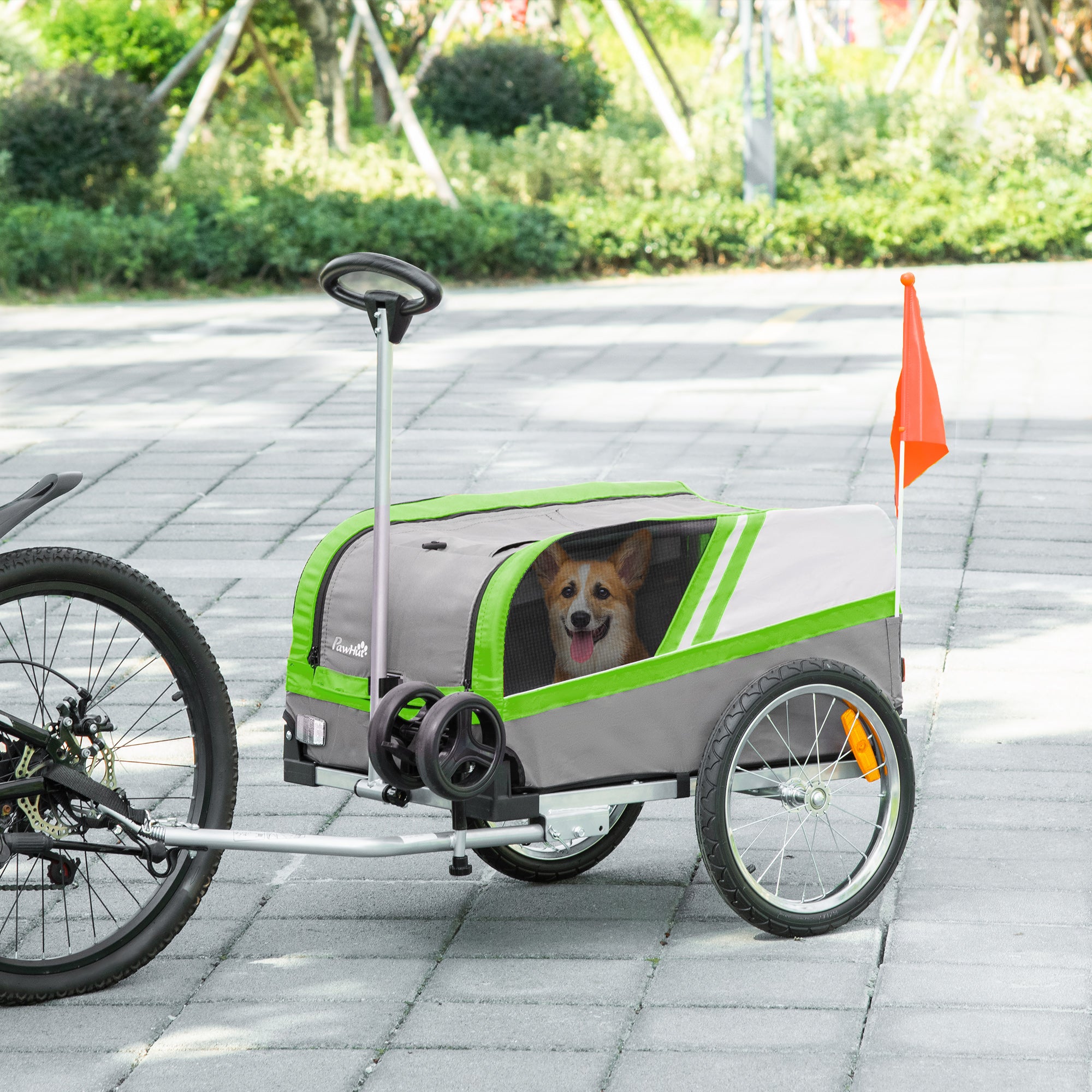 PawHut Dog Bike Trailer 2-in-1 Trolley Stroller Cart Bicycle Carrier for Cat Puppy Travel w/ Reflectors Hitch Coupler Red Flag – Green
