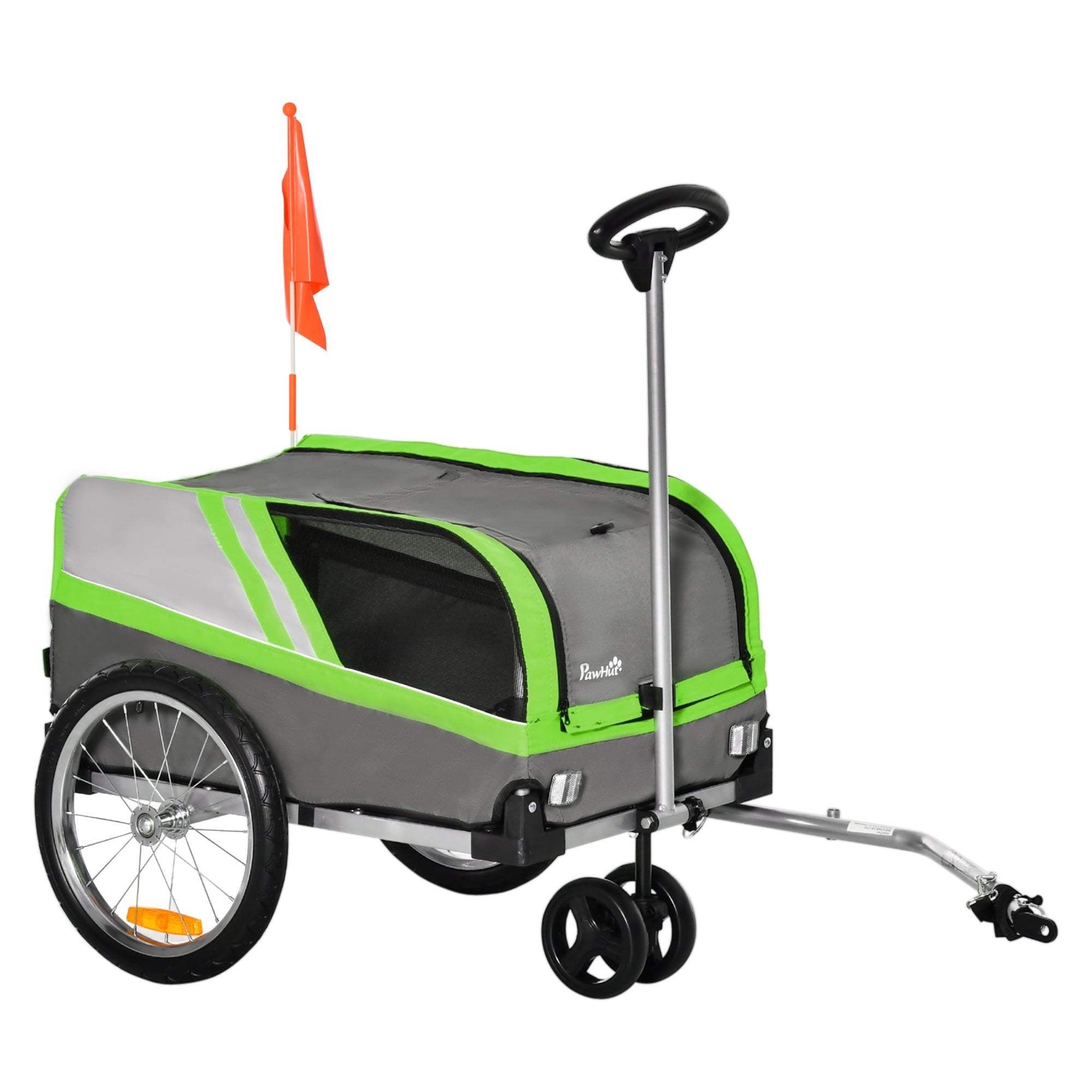 PawHut Dog Bike Trailer 2-in-1 Trolley Stroller Cart Bicycle Carrier for Cat Puppy Travel w/ Reflectors Hitch Coupler Red Flag – Green