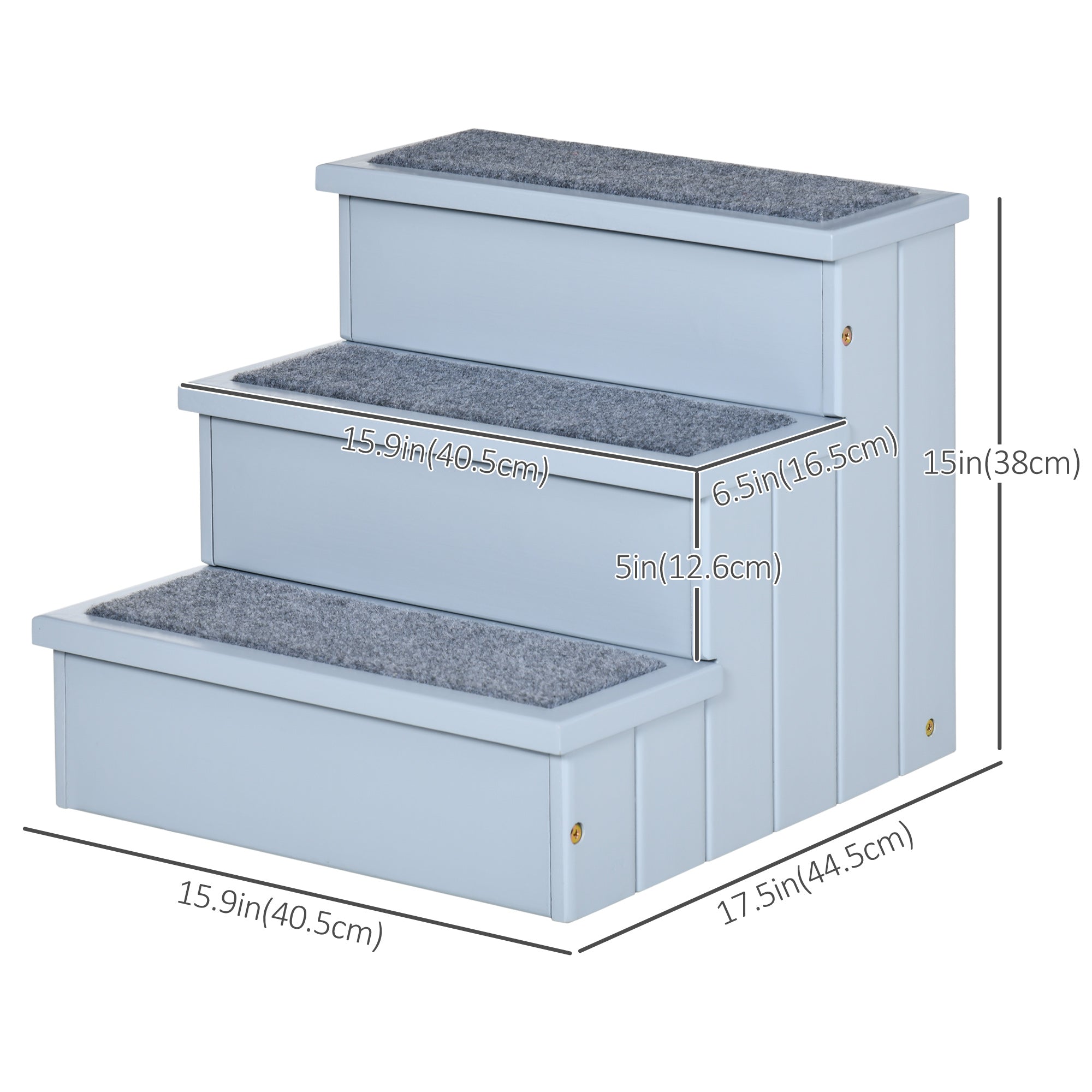 PawHut Pet Steps 3-Step Dog Stairs for Small Dogs Cats and Wooden Ramp with Storage Box Carpet Tread, Grey