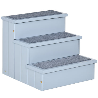 PawHut Pet Steps 3-Step Dog Stairs for Small Dogs Cats and Wooden Ramp with Storage Box Carpet Tread, Grey