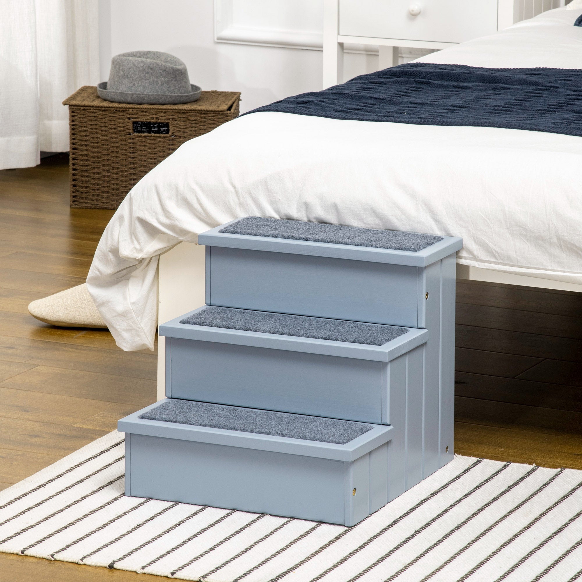 PawHut Pet Steps 3-Step Dog Stairs for Small Dogs Cats and Wooden Ramp with Storage Box Carpet Tread, Grey