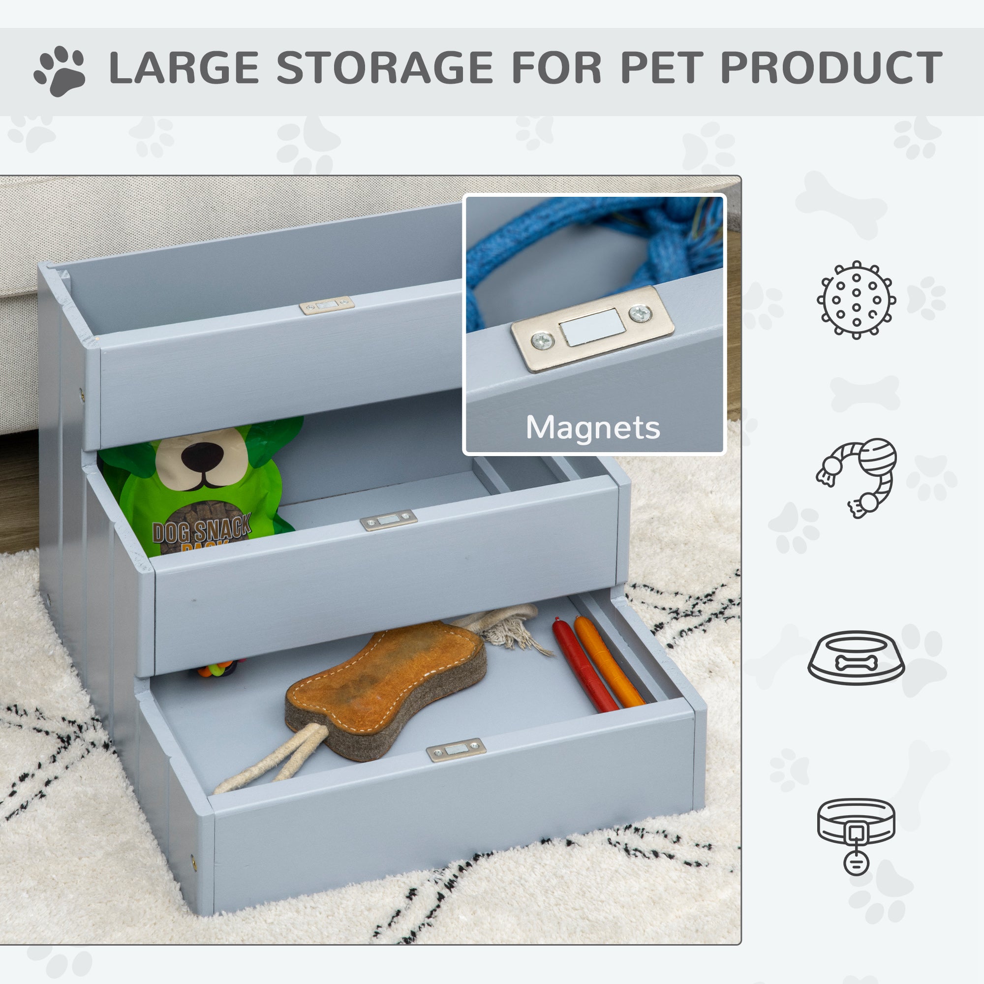 PawHut Pet Steps 3-Step Dog Stairs for Small Dogs Cats and Wooden Ramp with Storage Box Carpet Tread, Grey