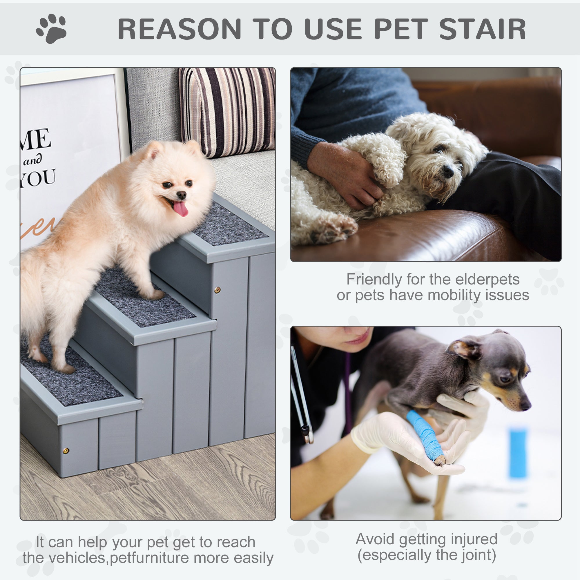 PawHut Pet Steps 3-Step Dog Stairs for Small Dogs Cats and Wooden Ramp with Storage Box Carpet Tread, Grey