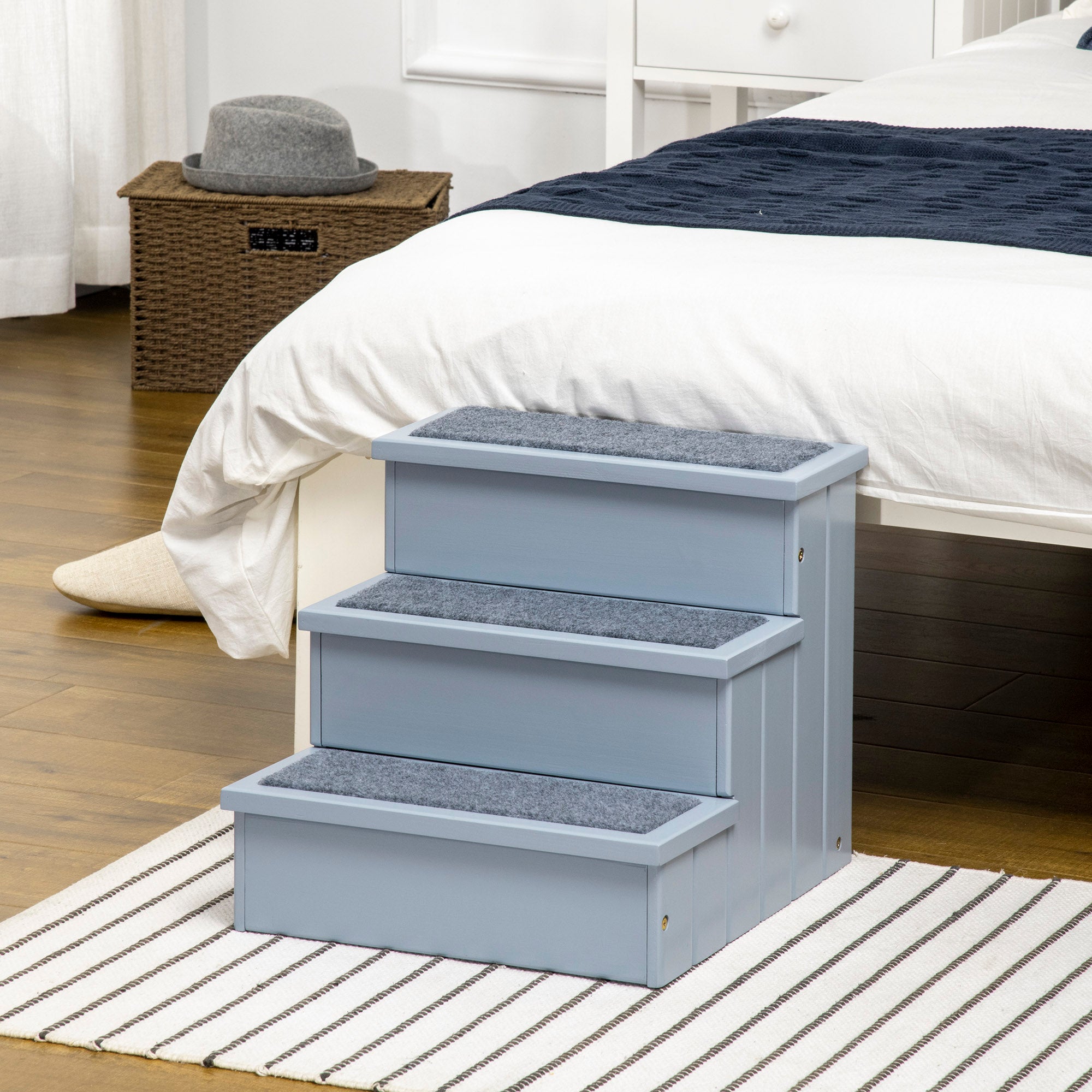 PawHut 3 Step Wooden Dog Steps Pet Stairs for Dogs, Cat Ladder for Bed Couch with Storage Grey
