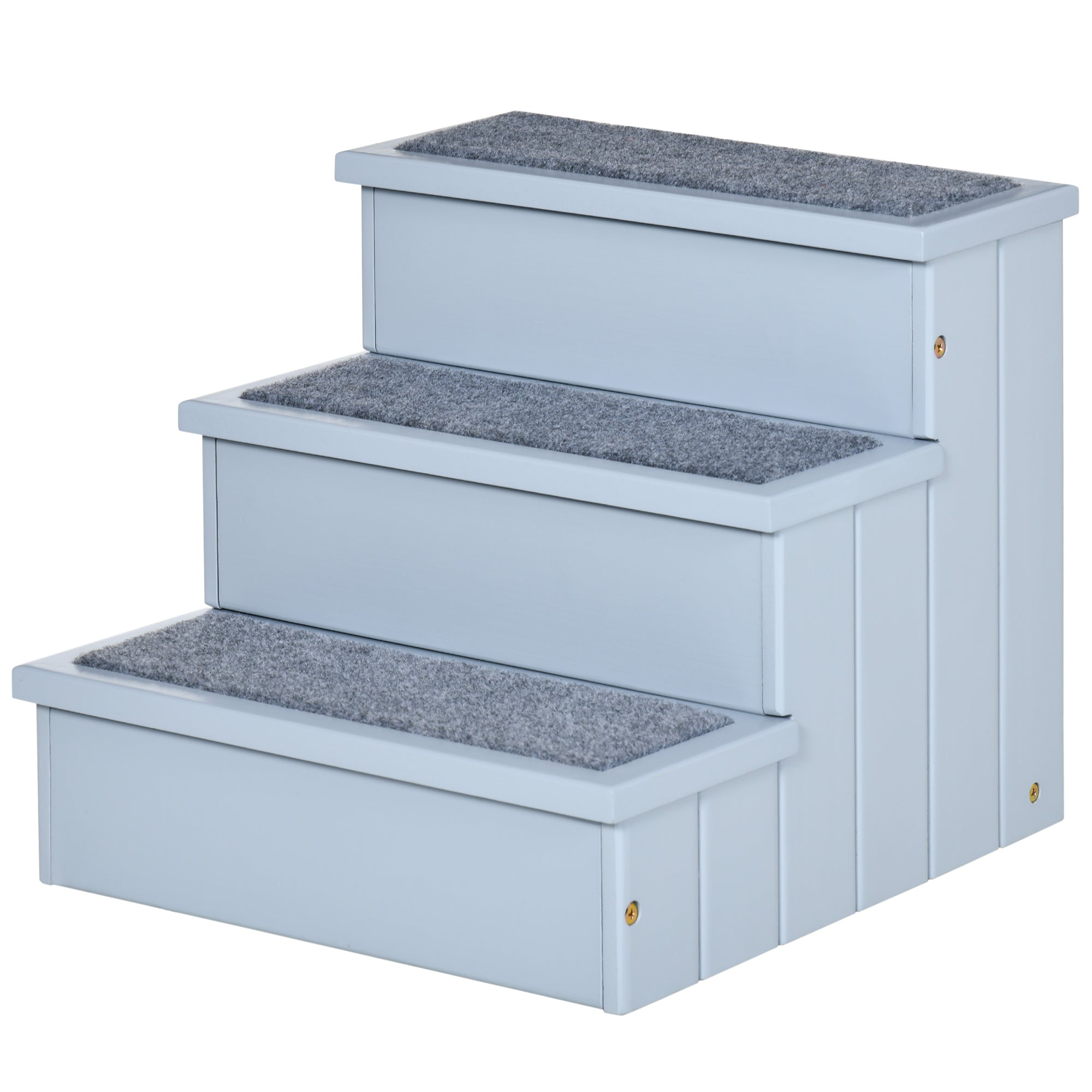 PawHut Pet Steps 3-Step Dog Stairs for Small Dogs Cats and Wooden Ramp with Storage Box Carpet Tread, Grey