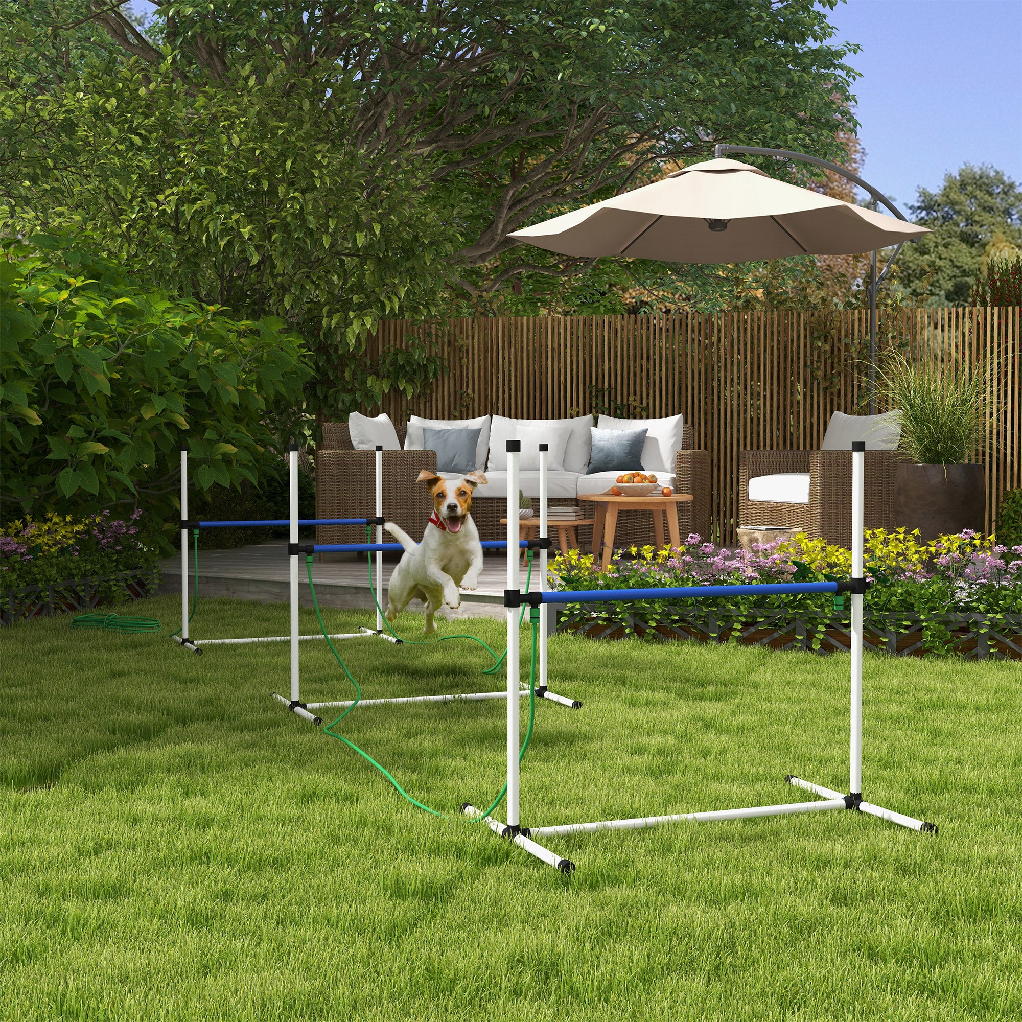 PawHut 4PCs Dog Agility Equipment Set with Adjustable Height Hurdles, Spray Water Tube, Whistle, Carry Bag, Dog Agility Kit for Backyard, Garden, Outdoor, White
