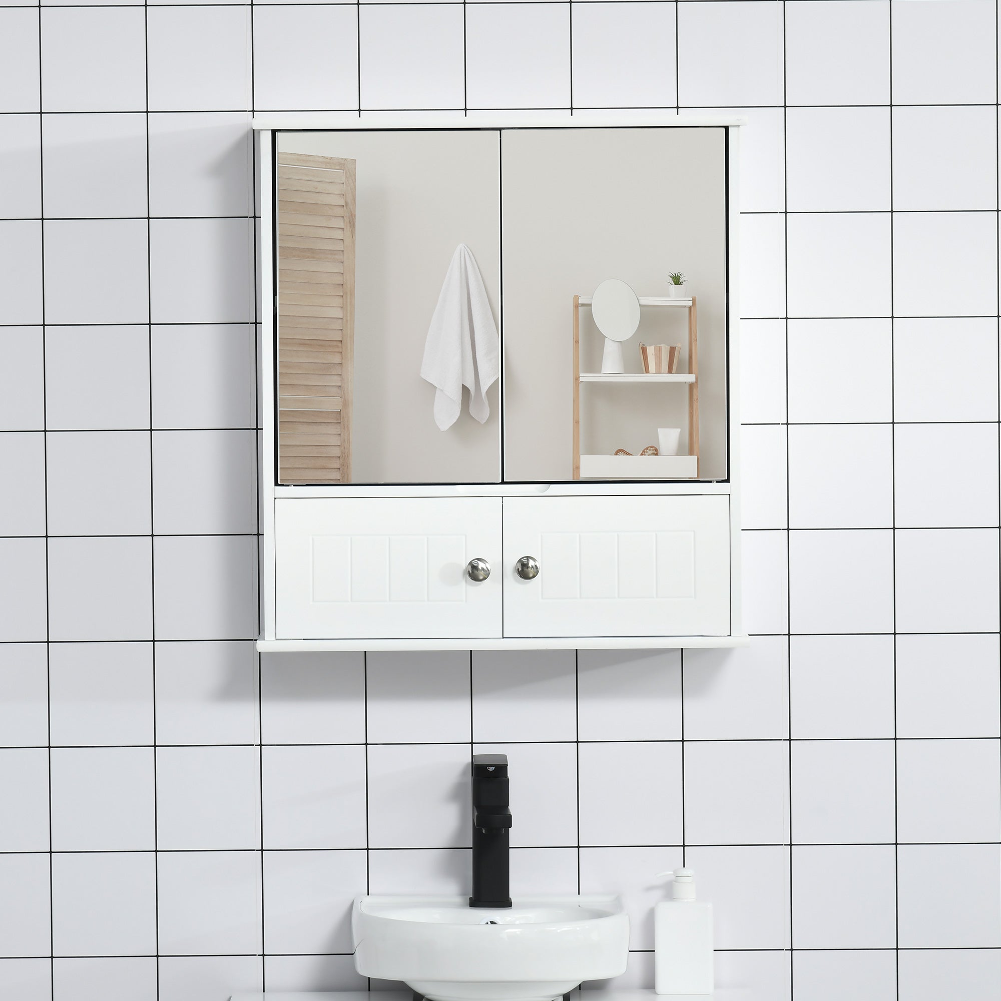 kleankin Medicine Cabinet with Mirror, Bathroom Wall Cabinet with 2 Mirrored Doors, 2 Modern Doors and Adjustable Shelf, White