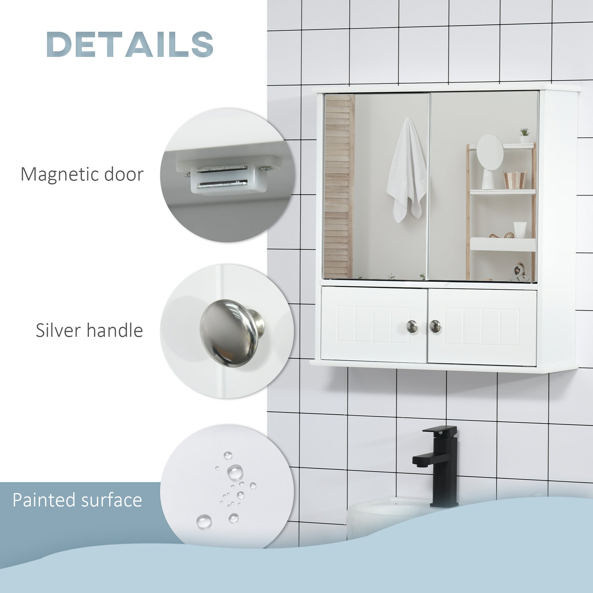 kleankin Medicine Cabinet with Mirror, Bathroom Wall Cabinet with 2 Mirrored Doors, 2 Modern Doors and Adjustable Shelf, White