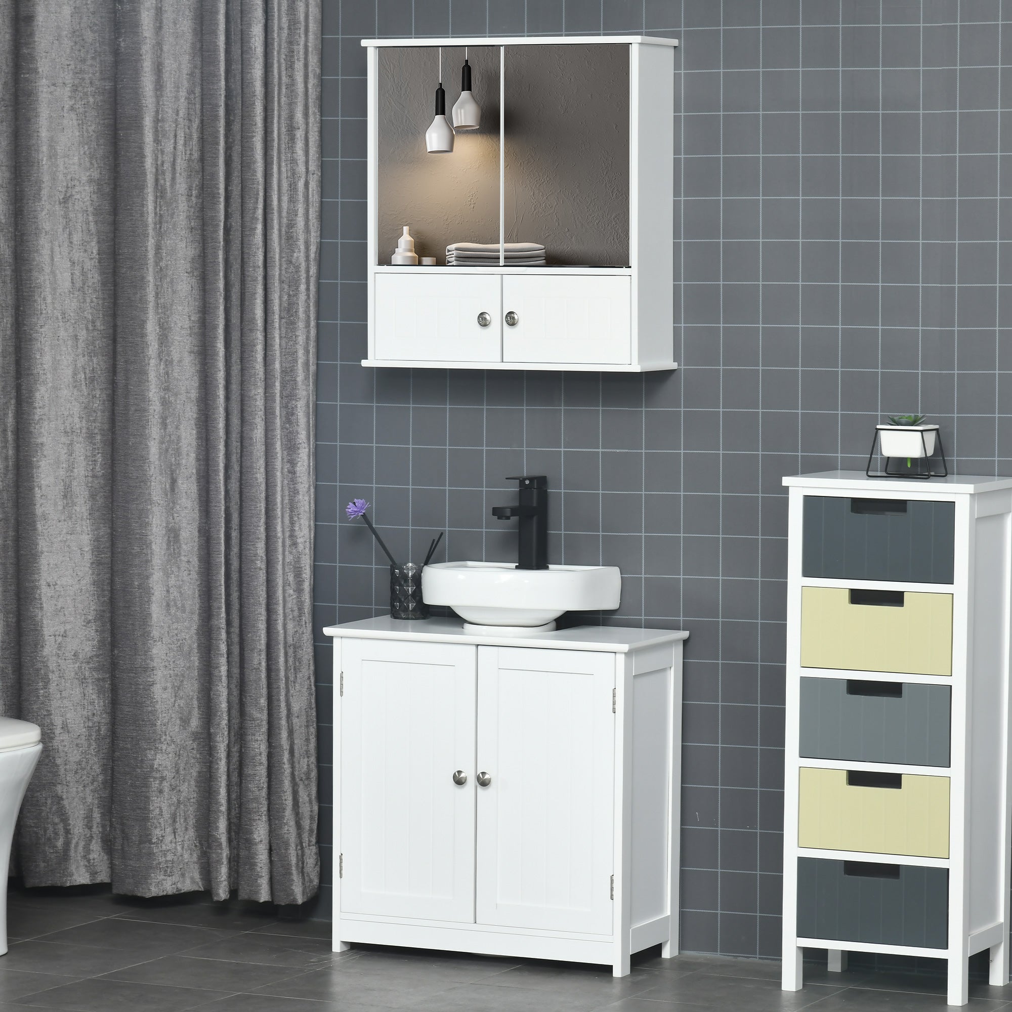 kleankin Medicine Cabinet with Mirror, Bathroom Wall Cabinet with 2 Mirrored Doors, 2 Modern Doors and Adjustable Shelf, White