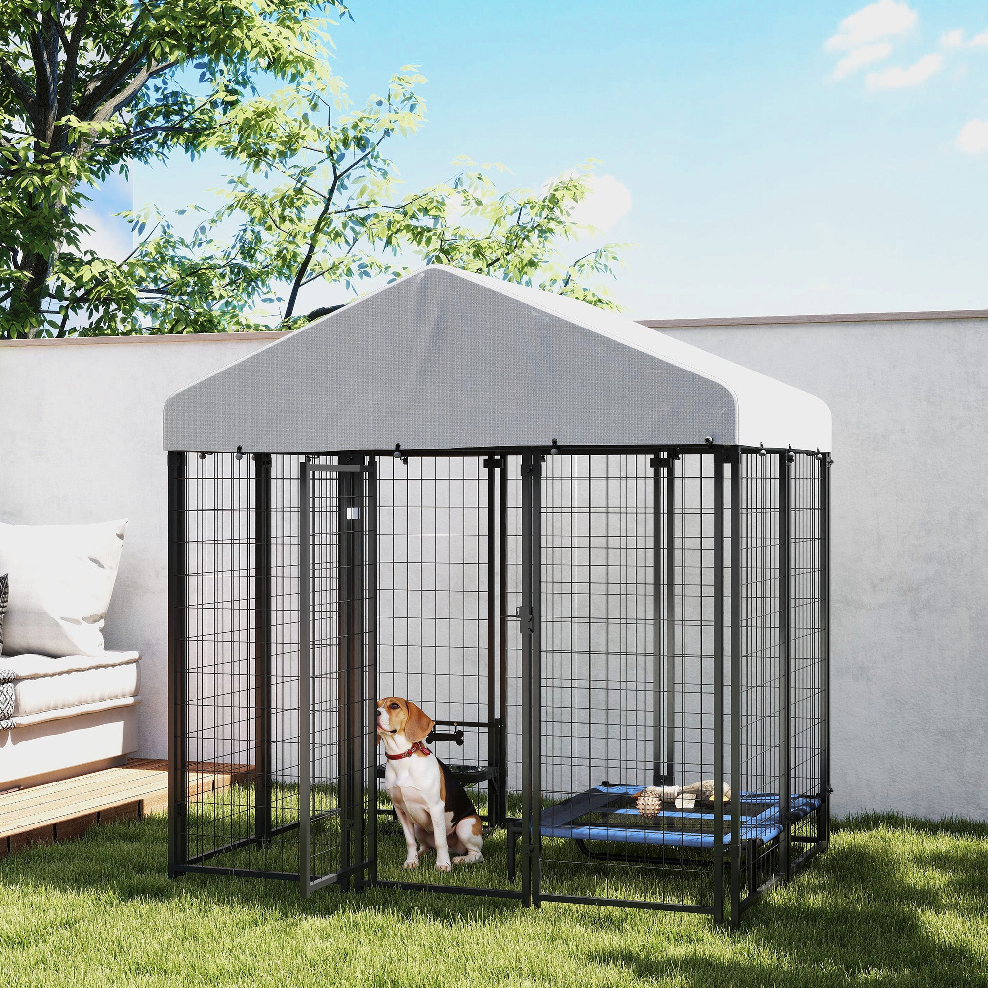 PawHut 6' x 4' x 6' Outdoor Dog Kennel, Lockable Dog Run Crate with Waterproof UV-Resistant Cover, Welded Wire Steel Fence for Medium and Small Dogs, Silver