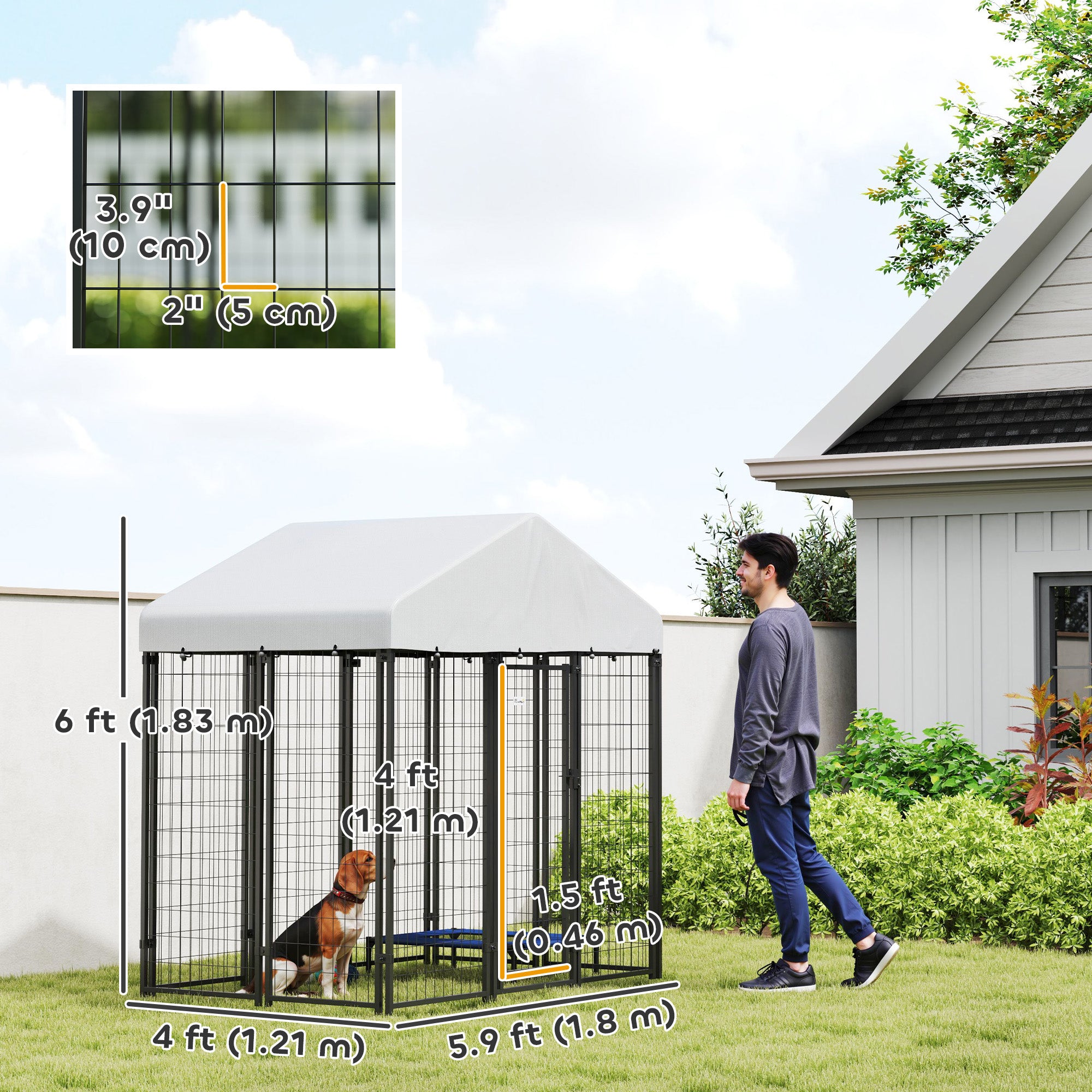 PawHut 6' x 4' x 6' Outdoor Dog Kennel, Lockable Dog Run Crate with Waterproof UV-Resistant Cover, Welded Wire Steel Fence for Medium and Small Dogs, Silver