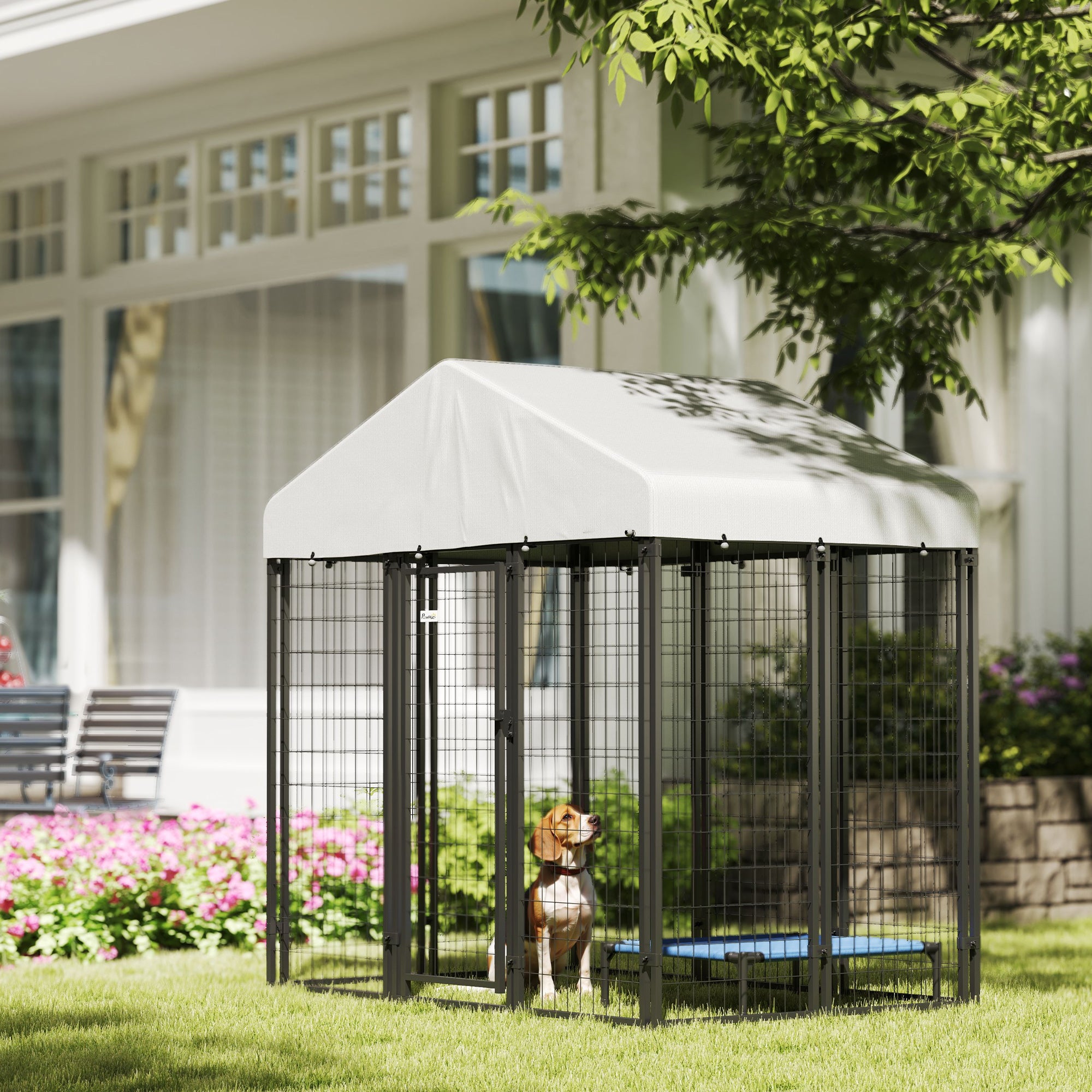 PawHut 6' x 4' x 6' Outdoor Dog Kennel, Lockable Dog Run Crate with Waterproof UV-Resistant Cover, Welded Wire Steel Fence for Medium and Small Dogs, Silver